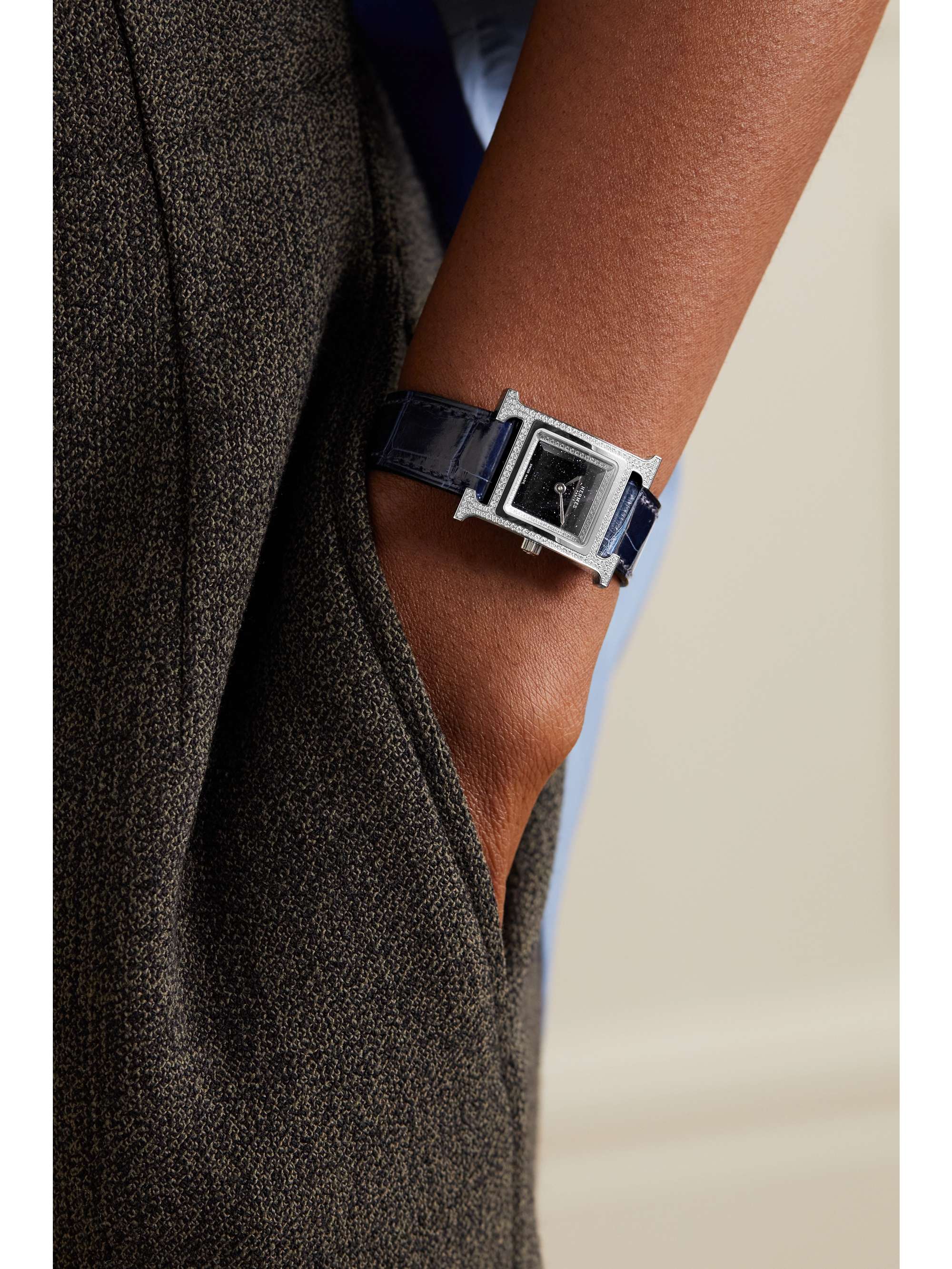 HERMÈS TIMEPIECES Heure H 25mm small stainless steel, alligator and diamond watch