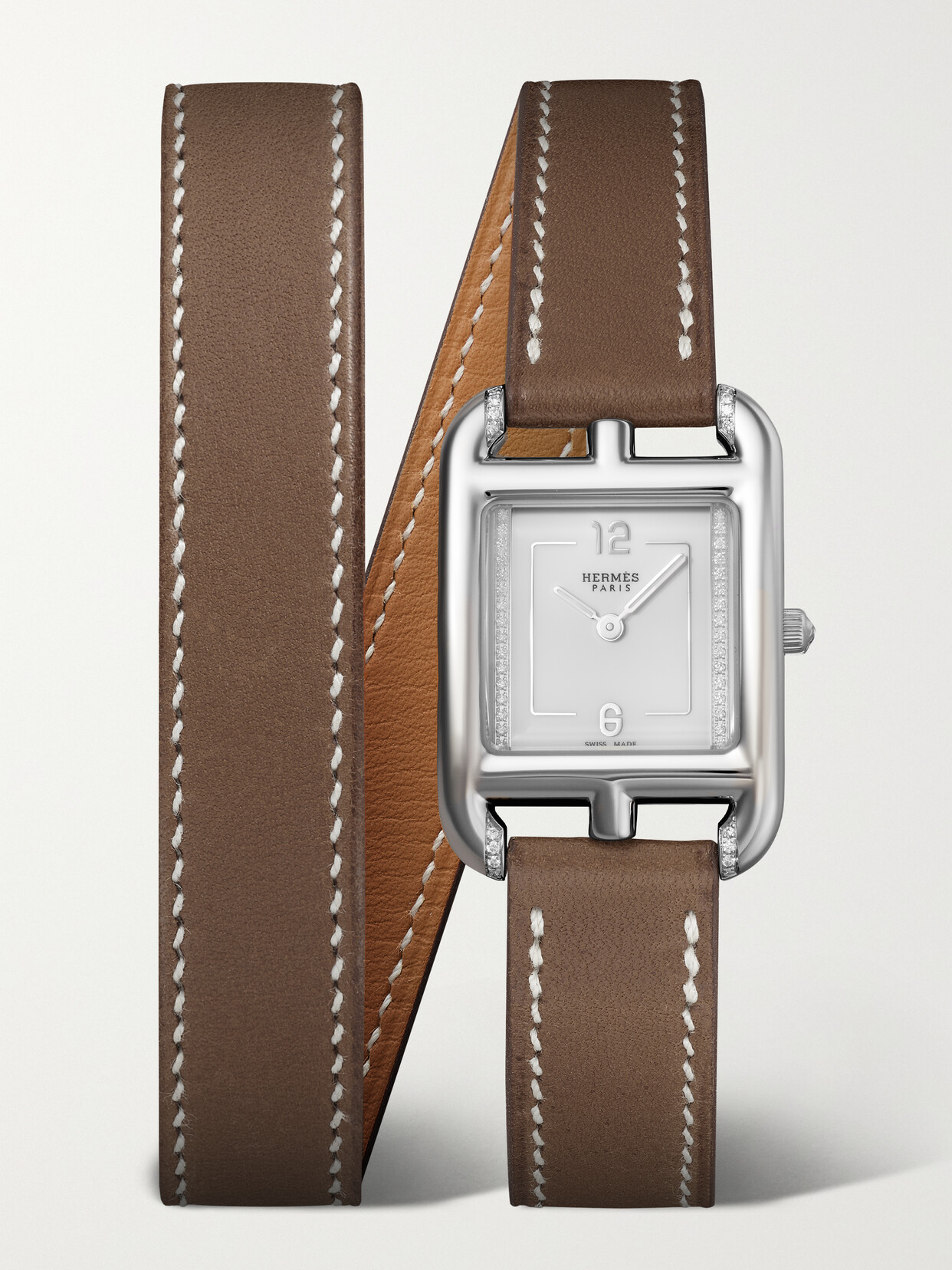 Hermès Timepieces Cape Cod Double Tour 31mm Small Stainless Steel, Leather And Diamond Watch In Brown