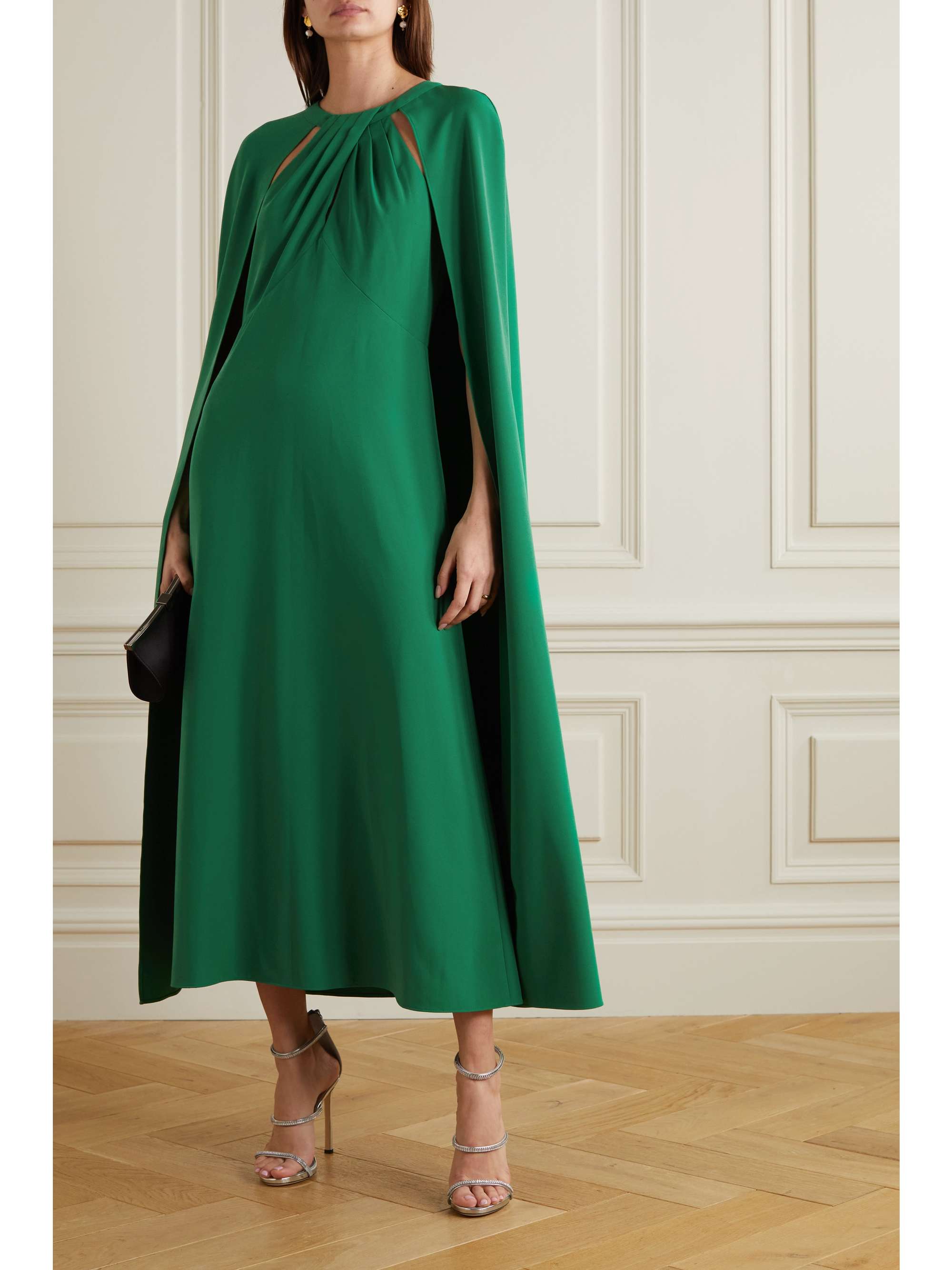 Green Cape-effect crepe midi dress 