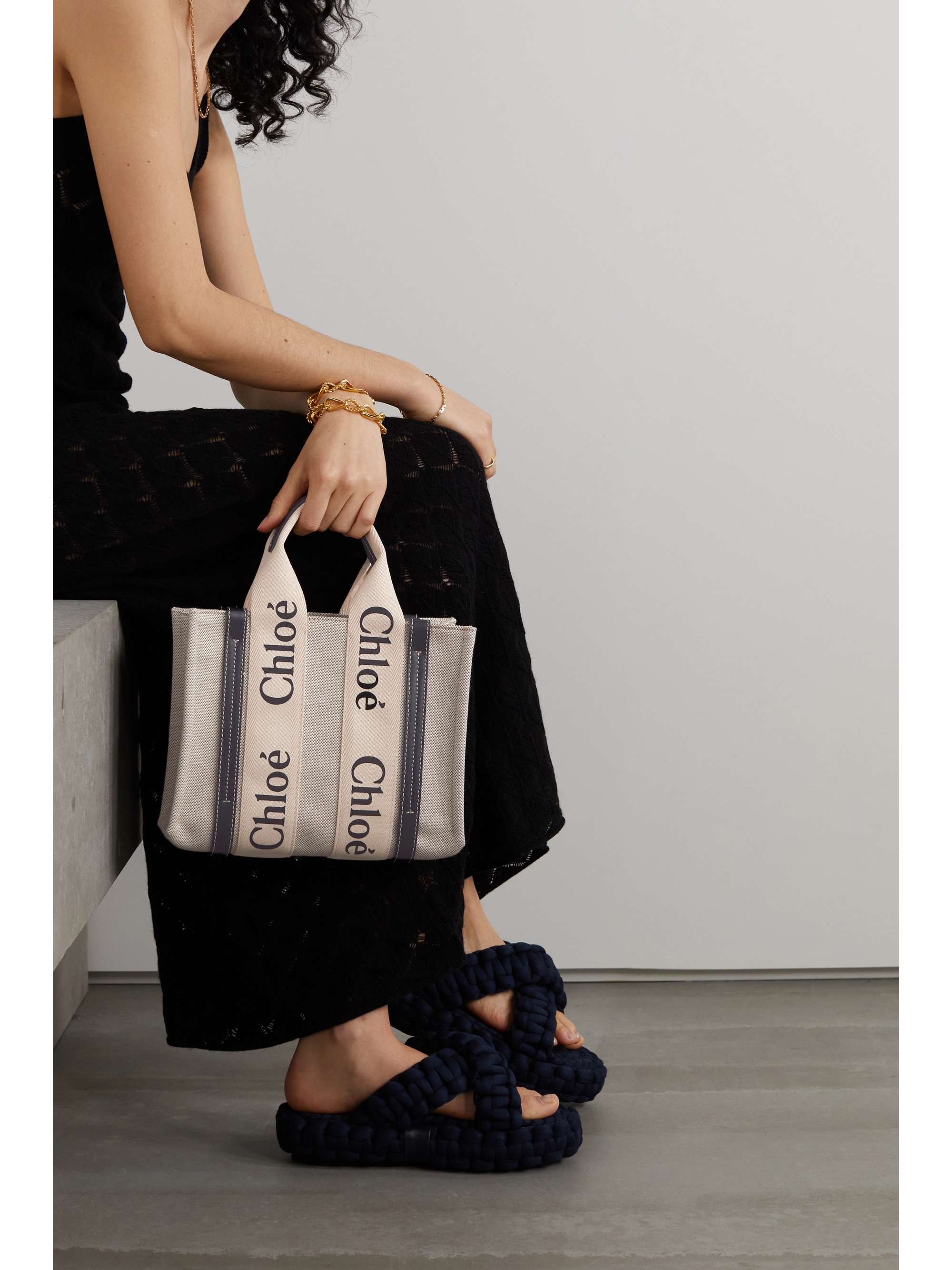 CHLOÉ Woody small leather-trimmed cotton-canvas tote