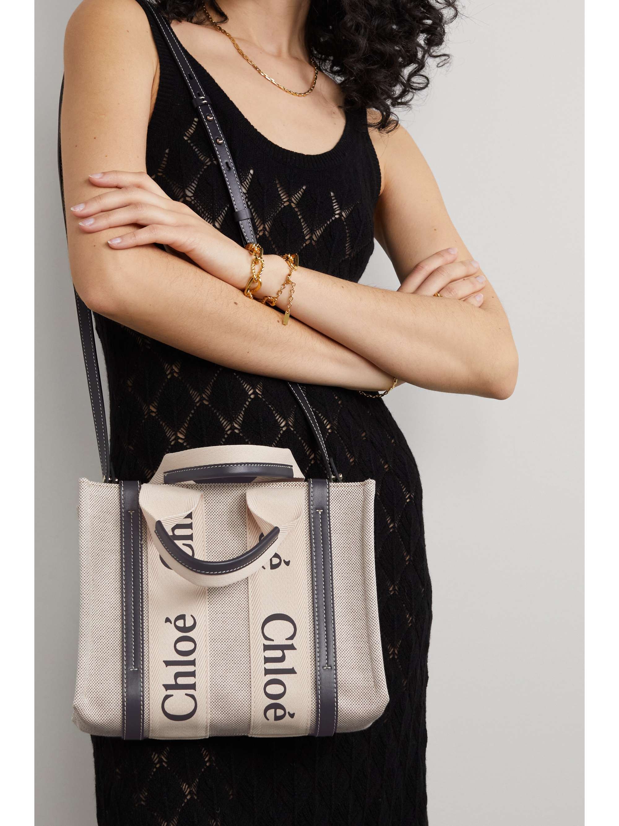 CHLOÉ Woody small leather-trimmed cotton-canvas tote