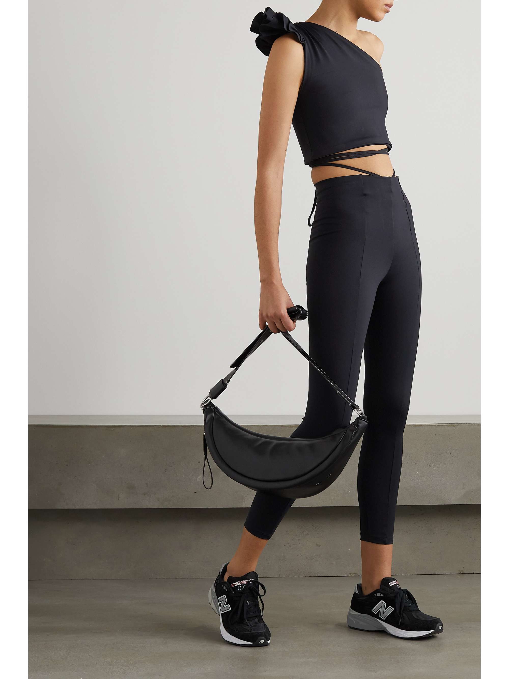 Black Elle cropped one-shoulder ruffled 