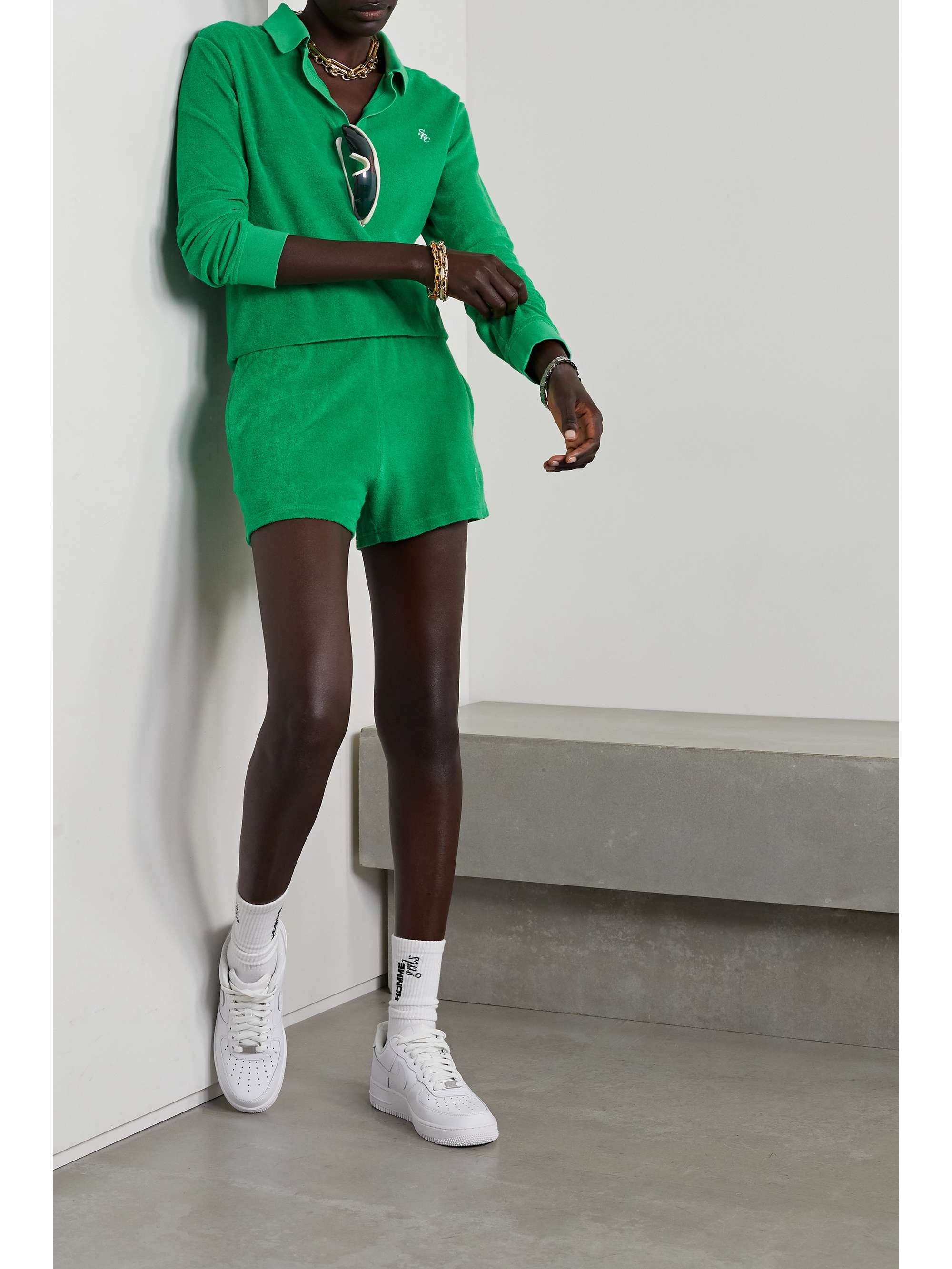 Green Embroidered cotton-terry shorts 
