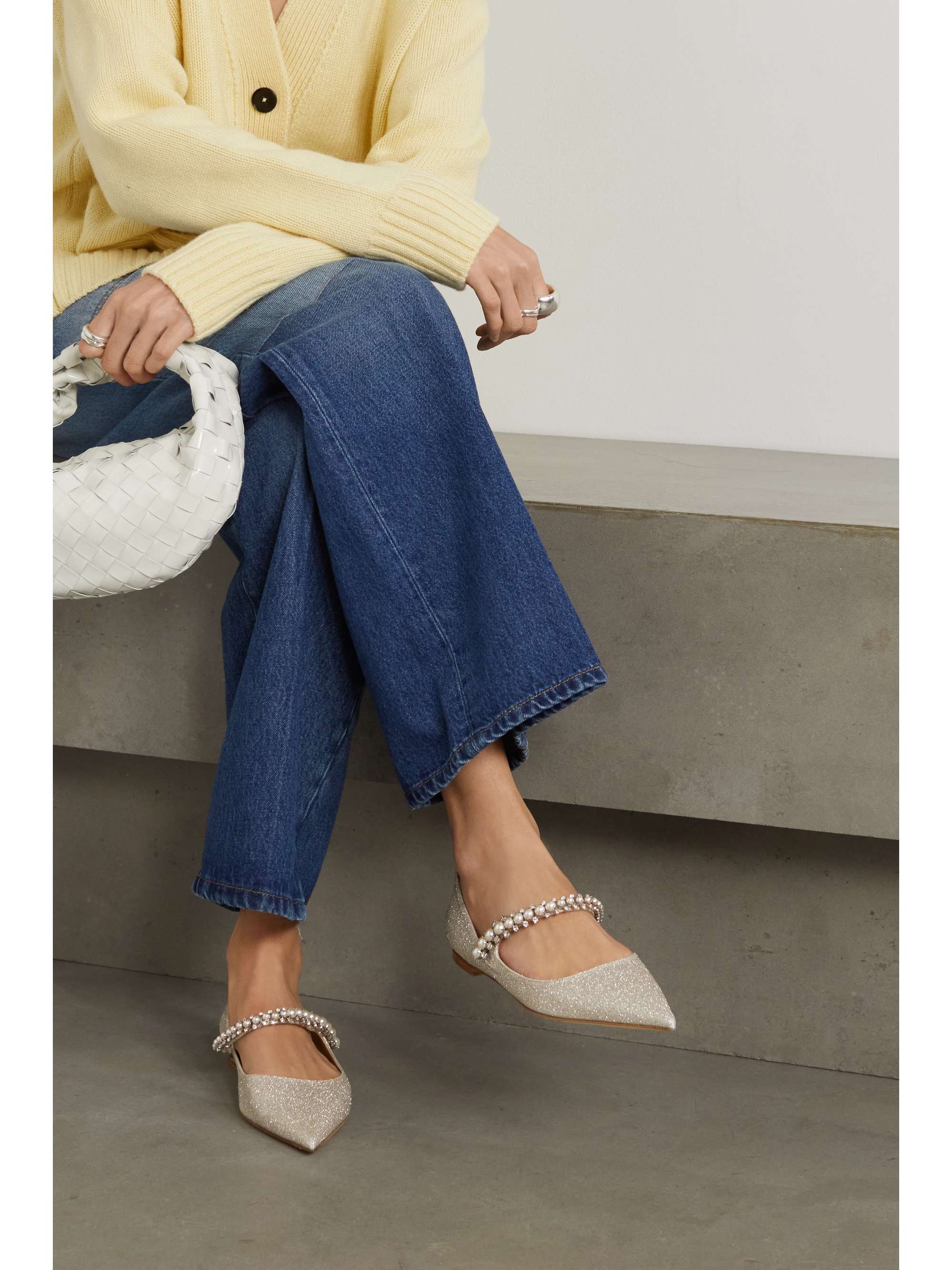 JIMMY CHOO Baily embellished glittered-leather point-toe flats