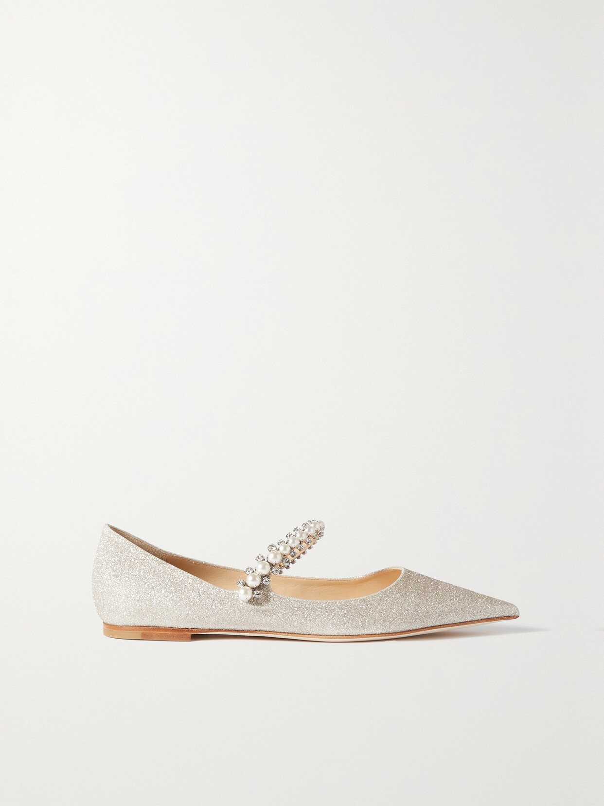 JIMMY CHOO BAILY EMBELLISHED GLITTERED-LEATHER POINT-TOE FLATS