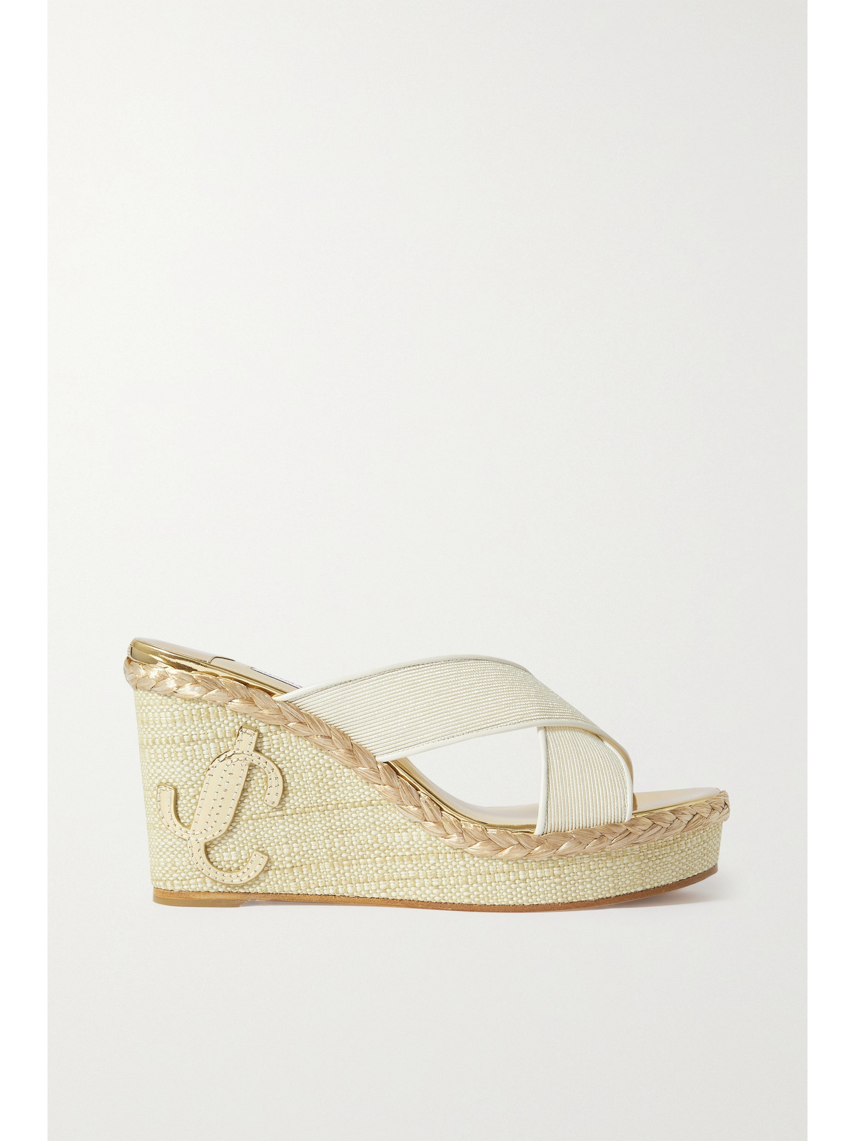 JIMMY CHOO DOVINA 100 LEATHER-TRIMMED CANVAS ESPADRILLE WEDGE MULES