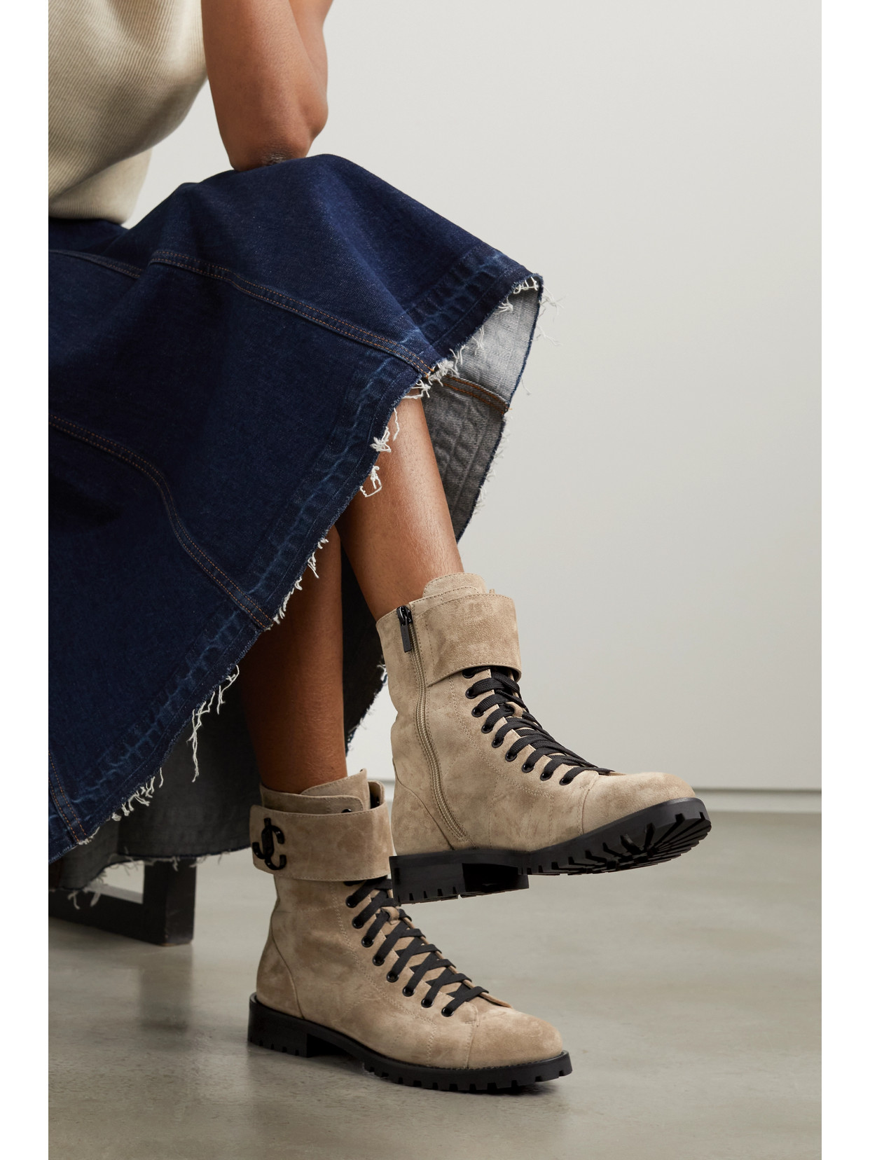 Jimmy Choo | Beige | Ceirus Logo-embellished Suede Combat Boots_