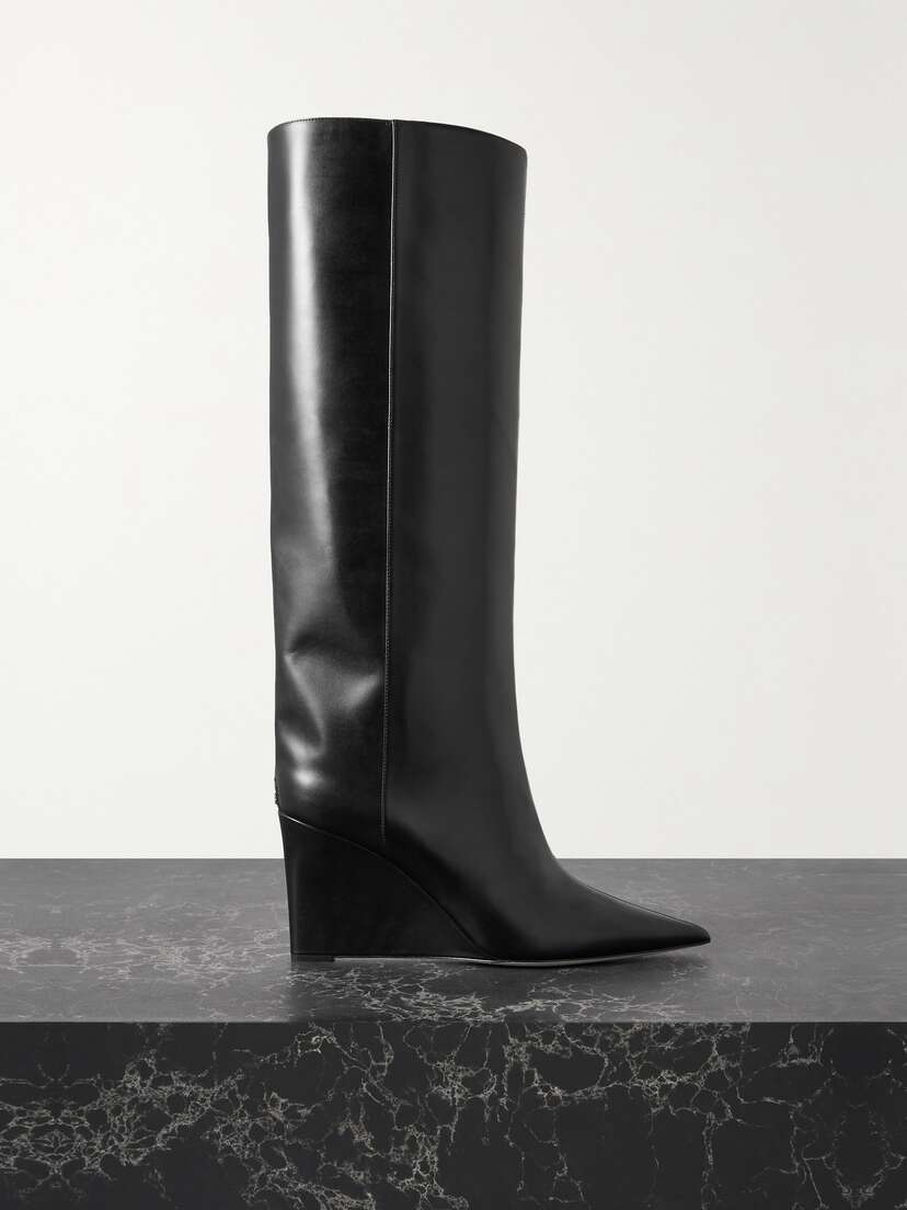 Jimmy Choo Blake 85 Logo-appliquéd Leather Wedge Knee Boots