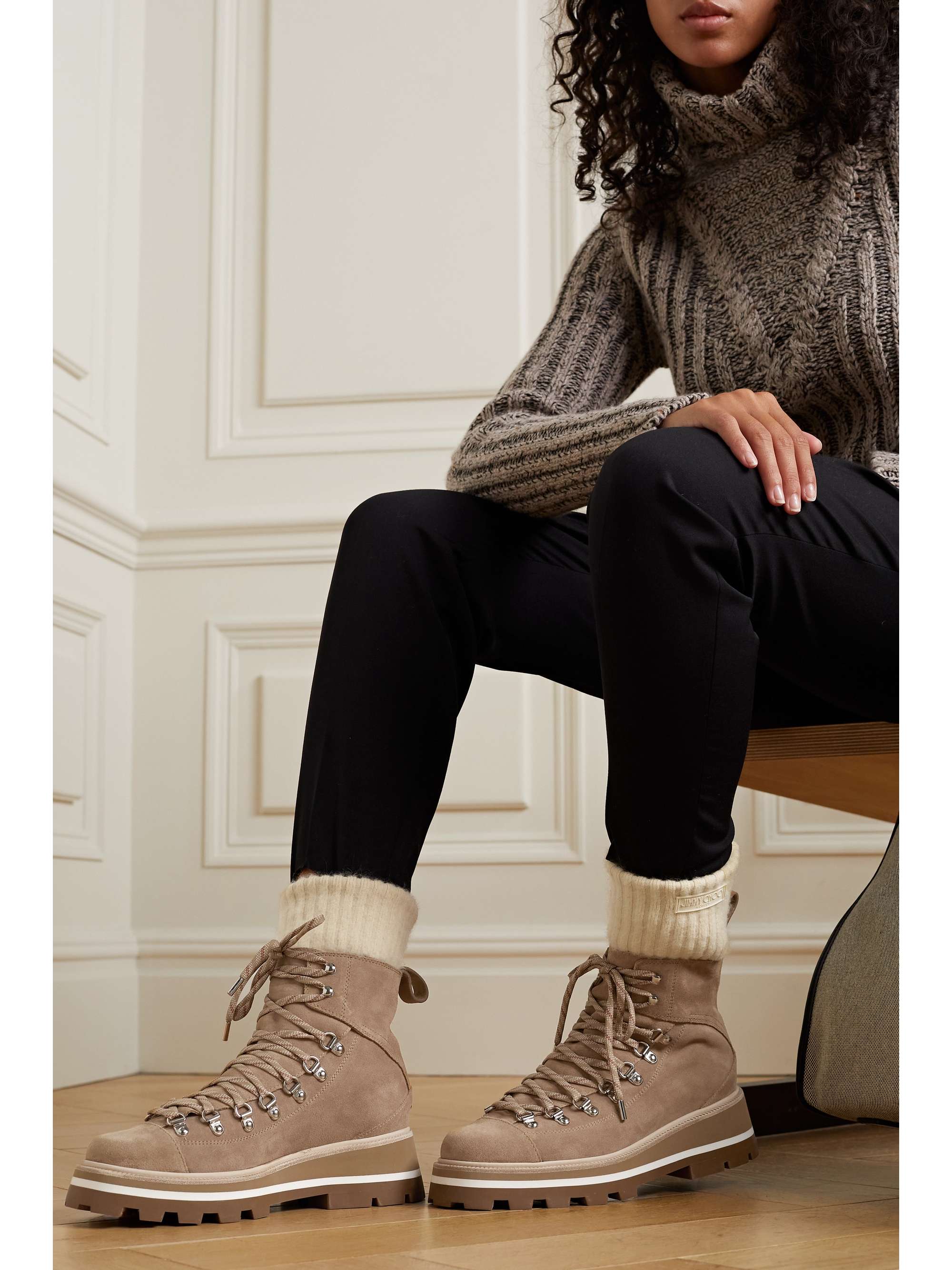 Jimmy Choo - Chike Ribbed knit-trimmed Suede Ankle Boots - Neutrals - IT38 - Net A Porter