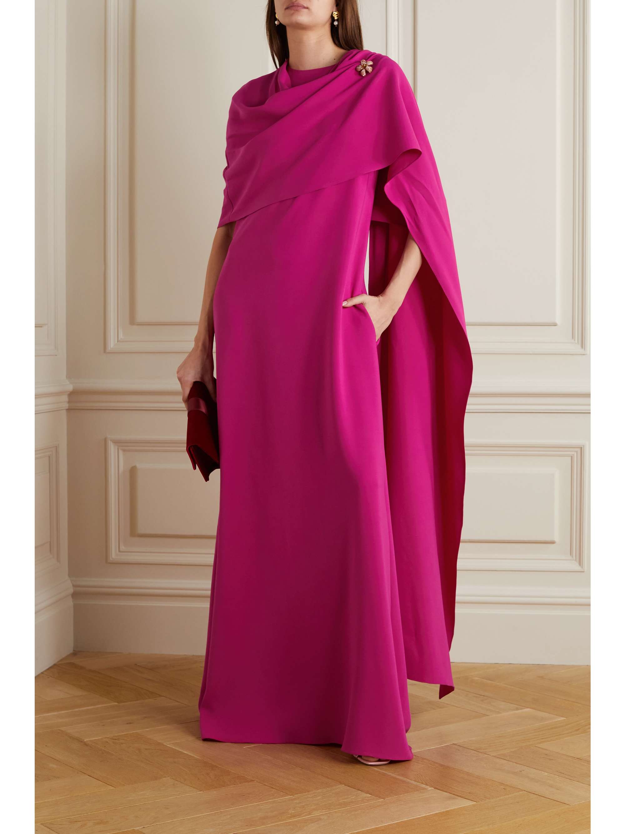 OSCAR DE LA RENTA Cape-effect embellished silk-blend gown