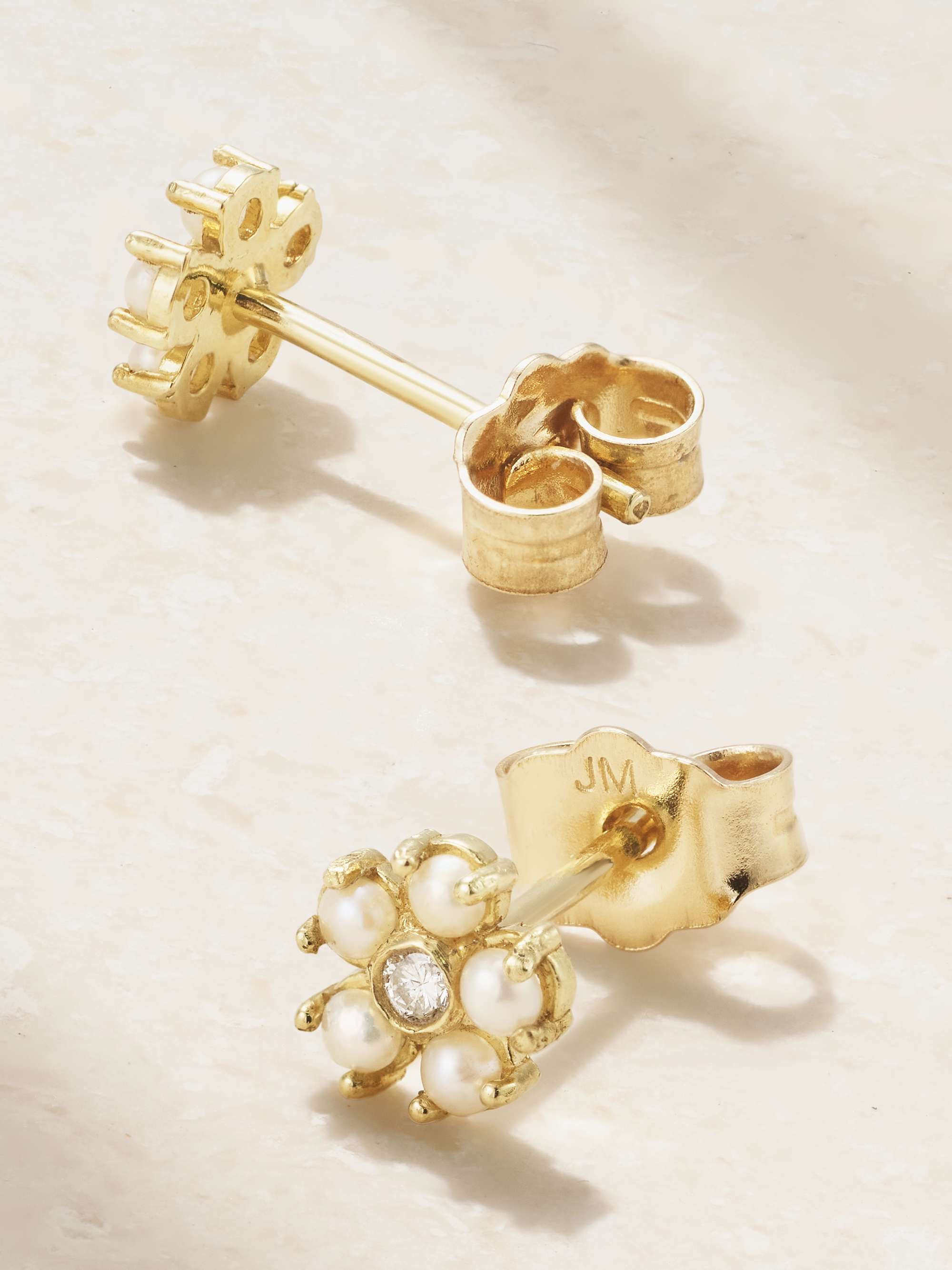 JENNIFER MEYER Mini Flower 18-karat gold, pearl and diamond earrings