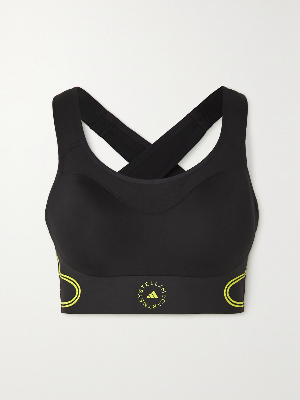 Adidas By Stella Mccartney Asmc Truepace Mesh-paneled Printed Recycled Stretch Sports Bra In Black