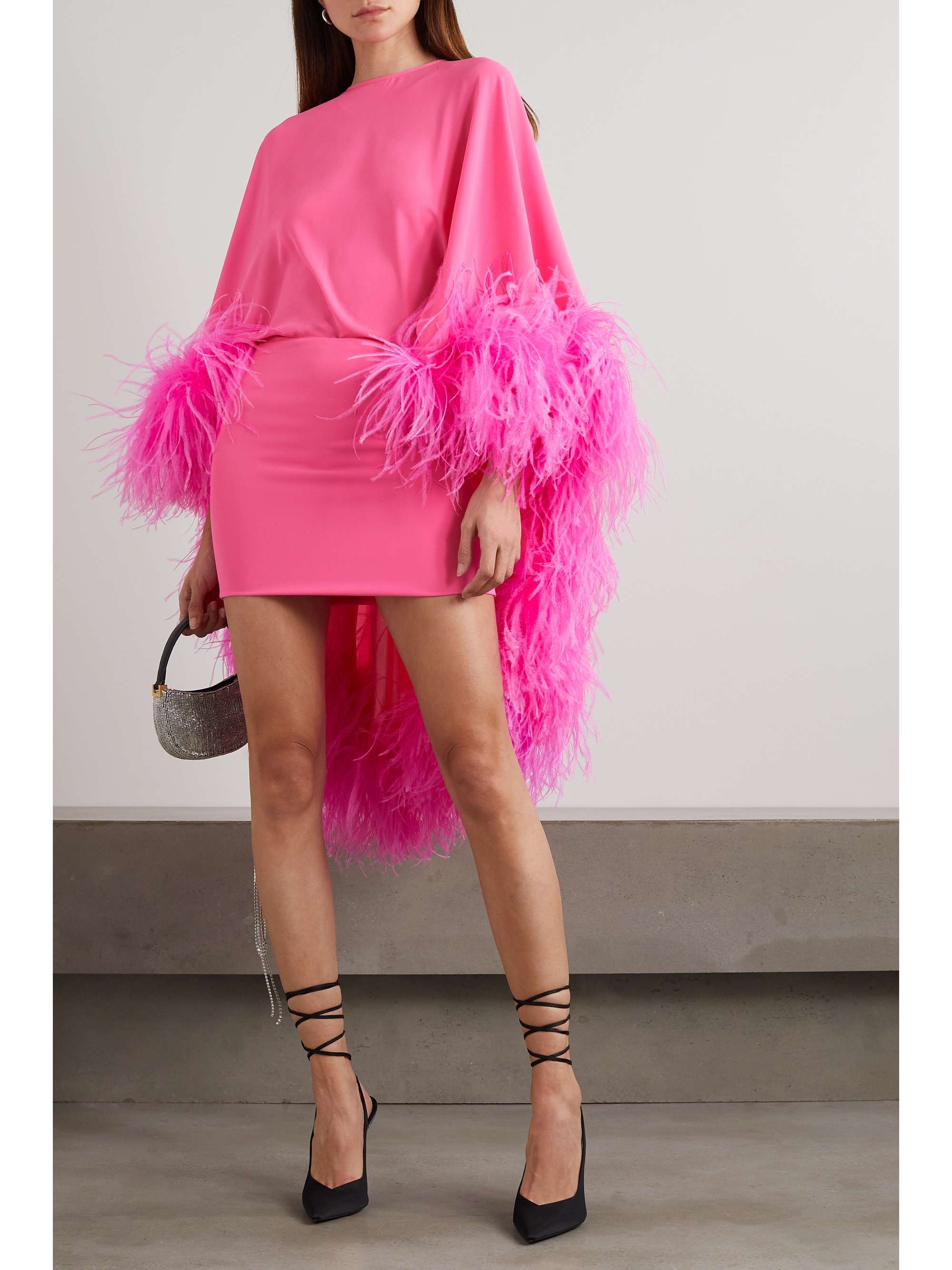 THE ATTICO Milton cape-effect feather-trimmed crepe de chine mini dress