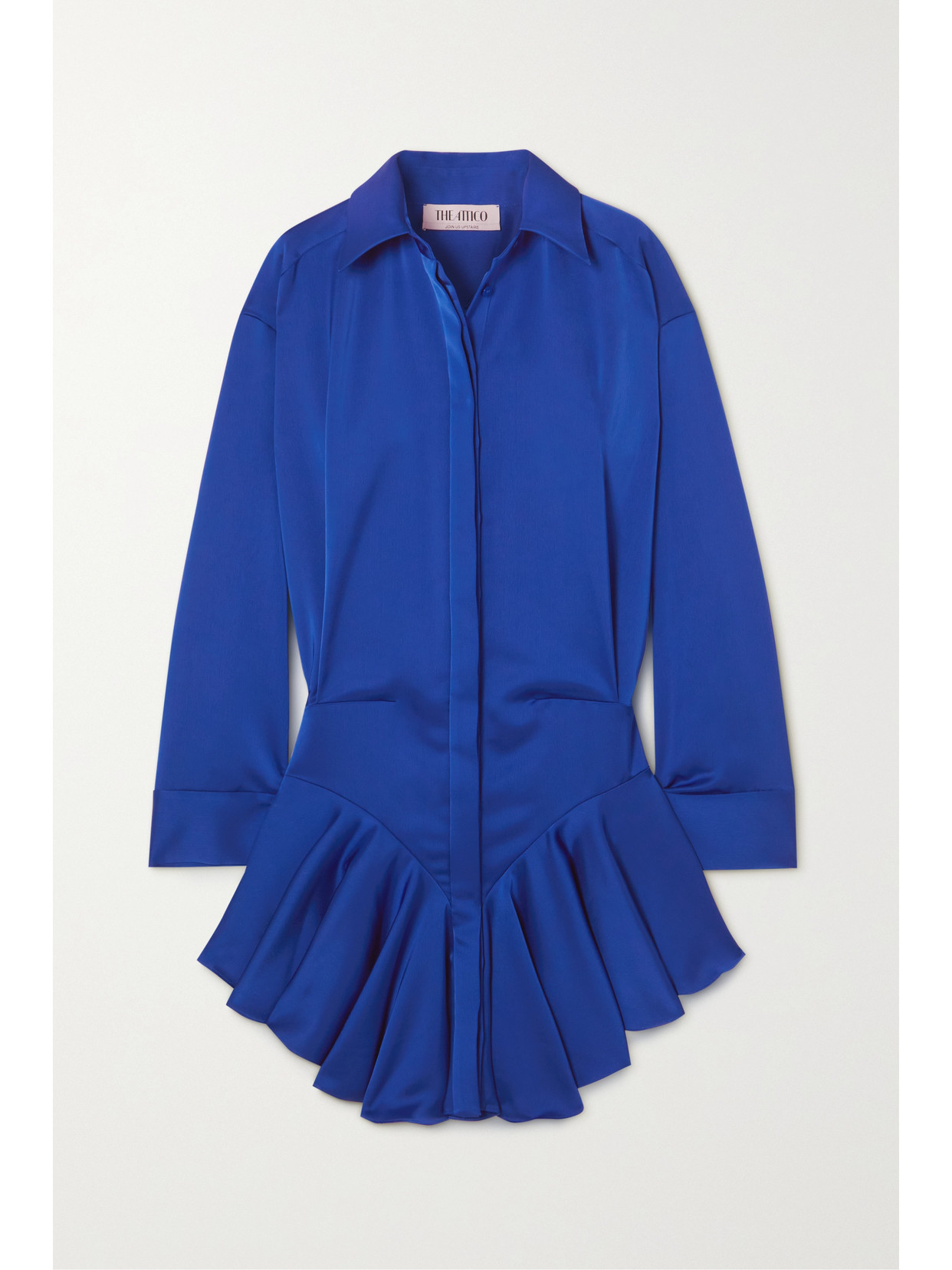 Attico Tartan Candice Pleated Satin Mini Shirt Dress In Blue Polyester In Blue
