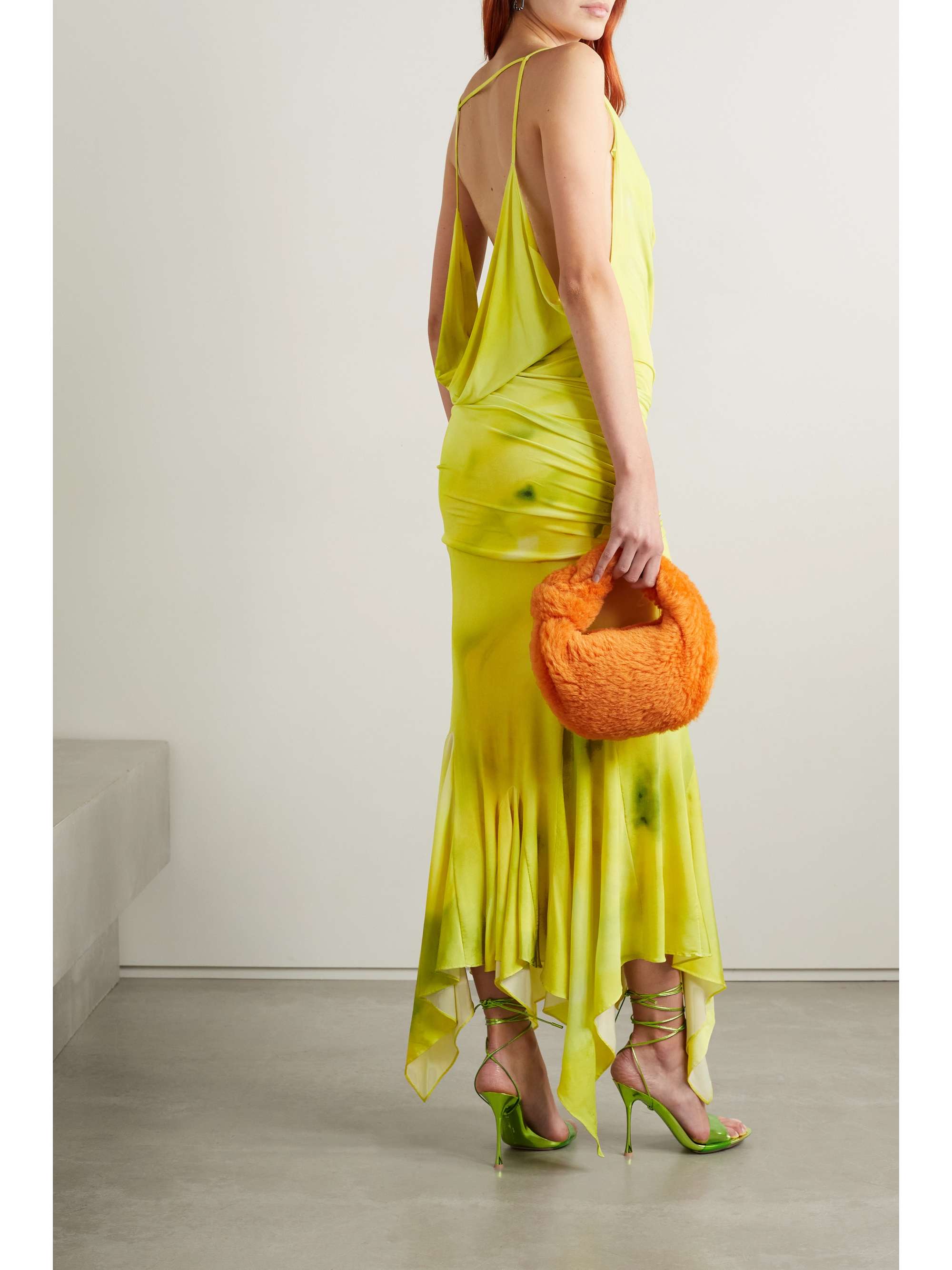 THE ATTICO Melrose asymmetric draped ruched printed satin-jersey midi dress