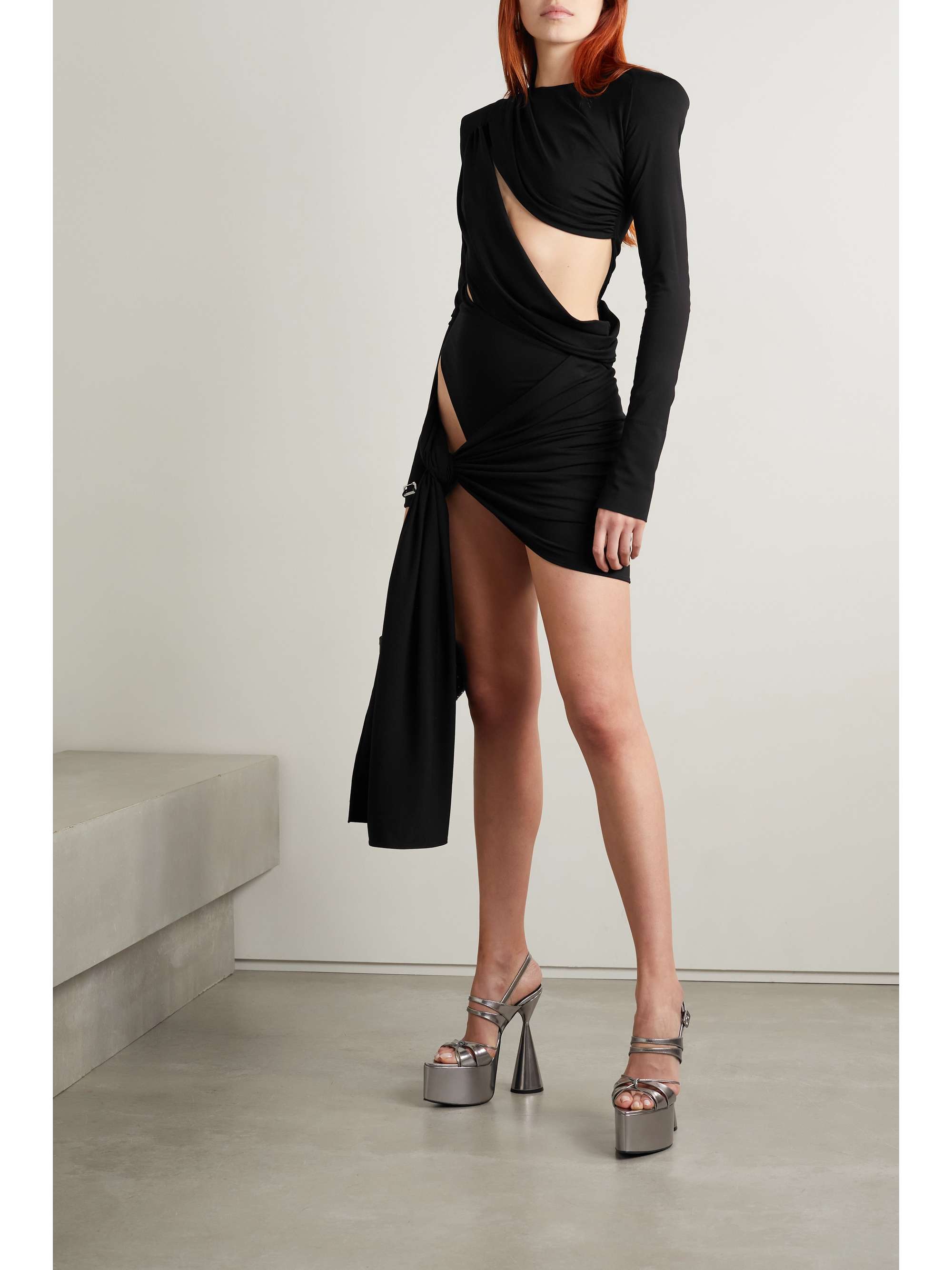 THE ATTICO Cutout draped ruched stretch-satin jersey mini dress