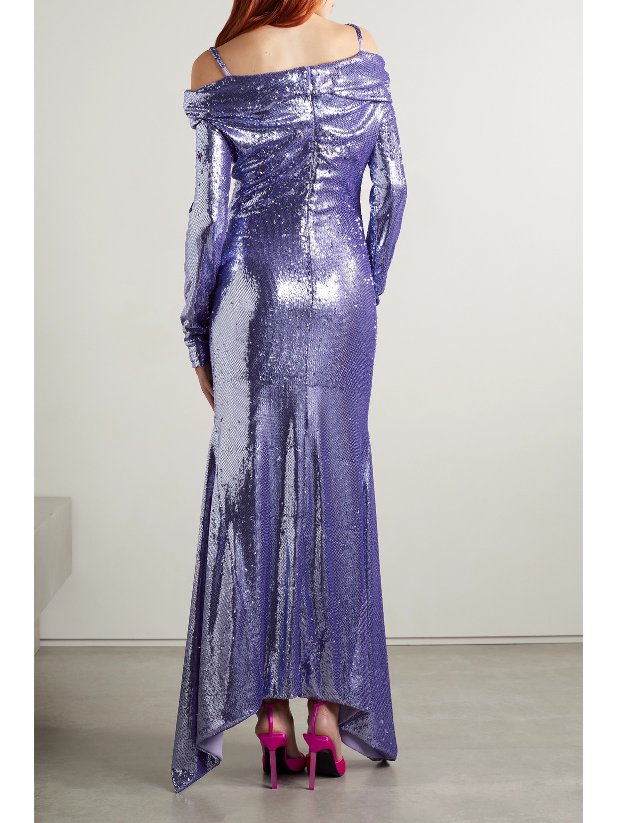 Attico Fanny Cold-shoulder Asymmetric Sequined Crepe De Chine Gown In Purple