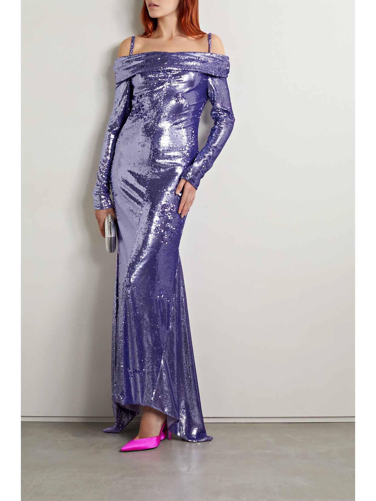 Attico Fanny Cold-shoulder Asymmetric Sequined Crepe De Chine Gown In Purple
