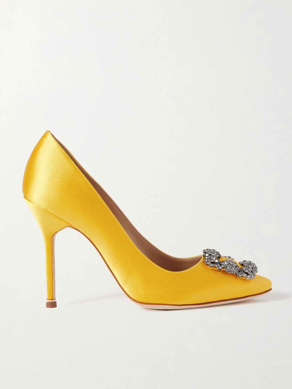 Shop Manolo Blahnik Hangisi 105 Embellished Satin Pumps In Yellow