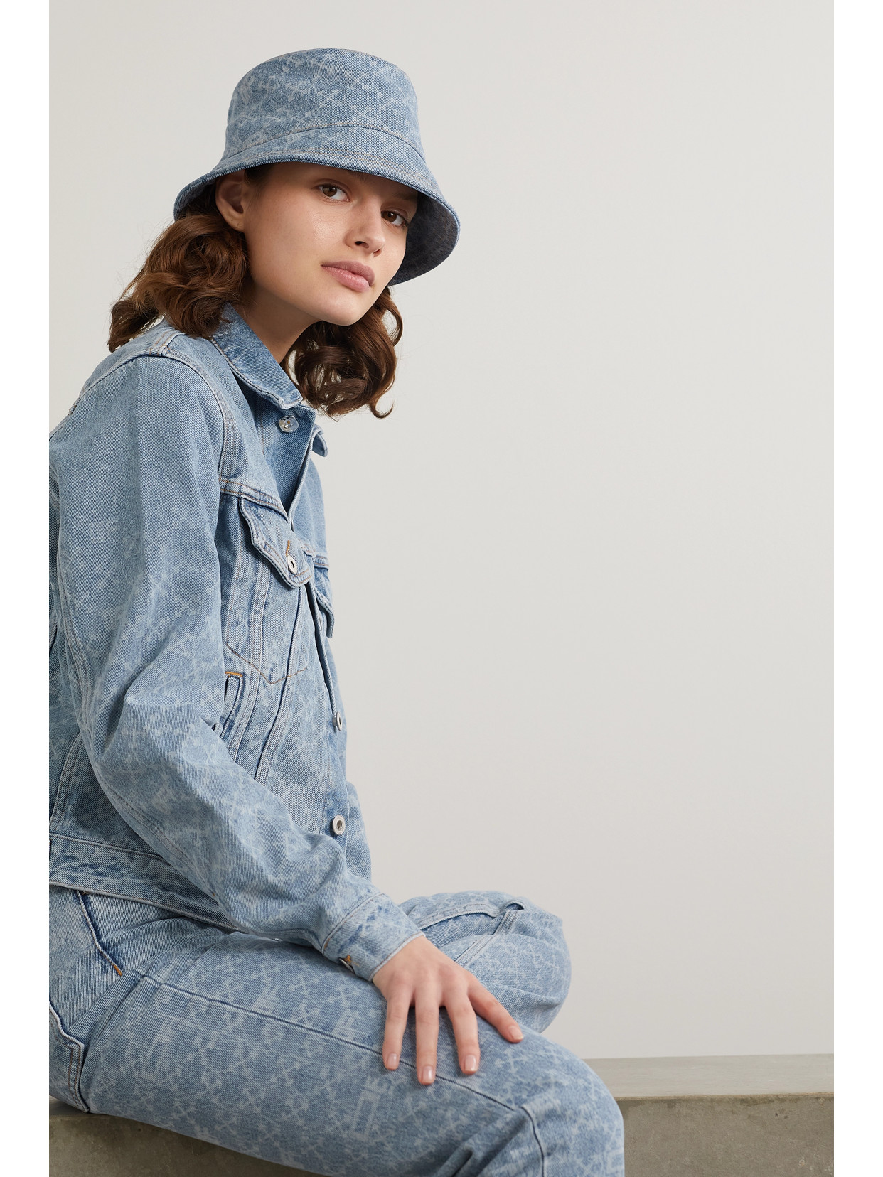 Off-white Logo Monogram Cotton Denim Bucket Hat In Light Blue