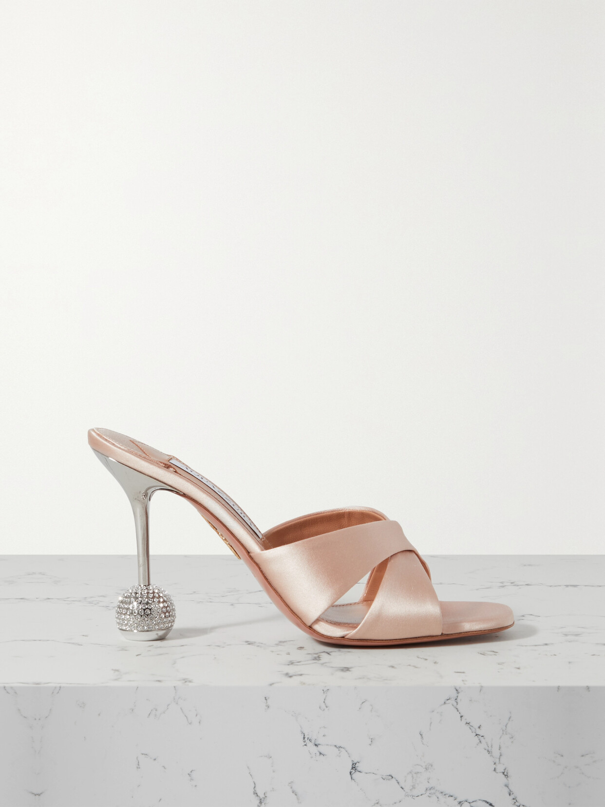 Aquazzura Yes Darling 95 Crystal-embellished Satin Mules - Neutrals