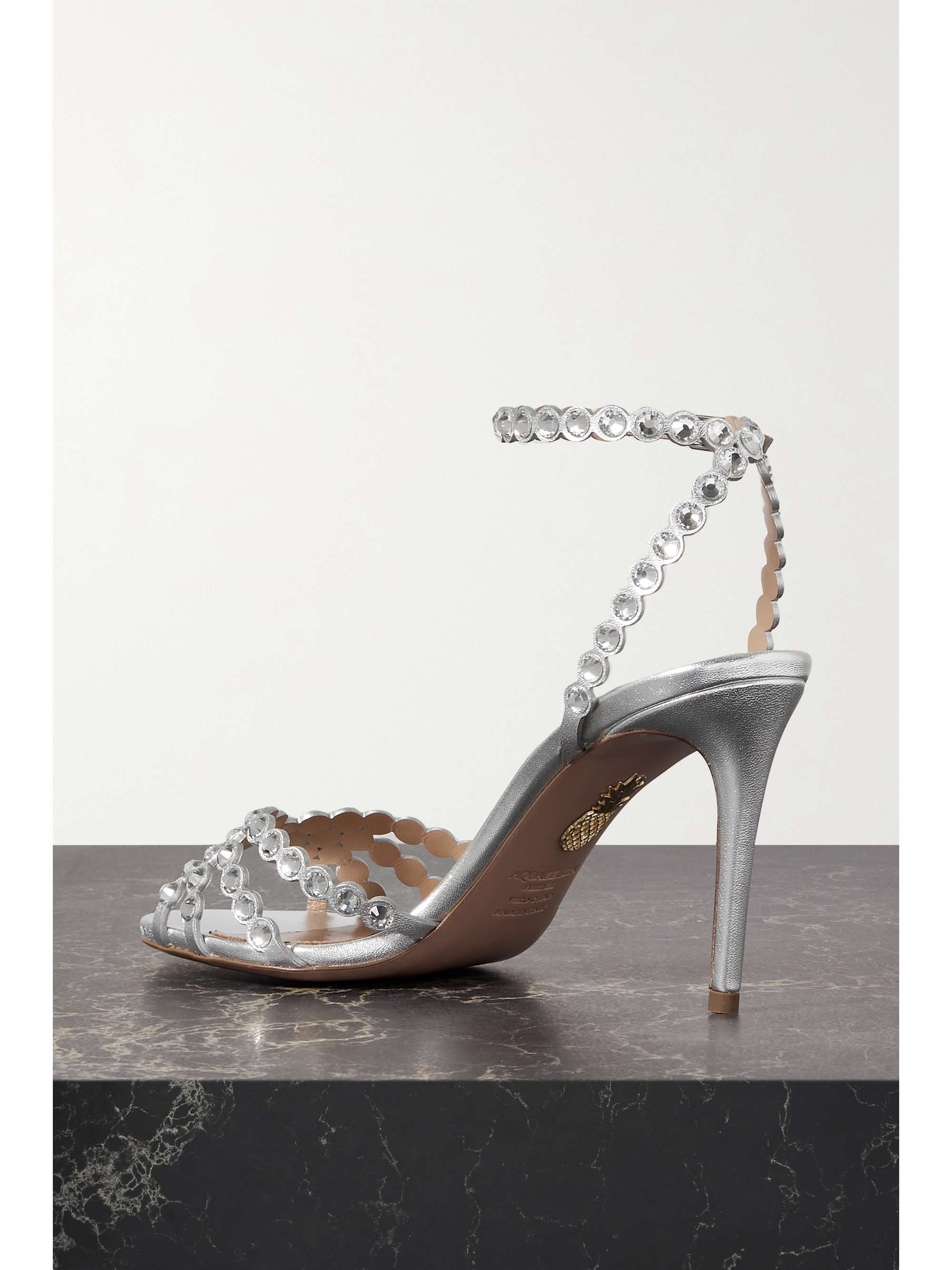 AQUAZZURA Tequila 85 crystal-embellished metallic leather sandals