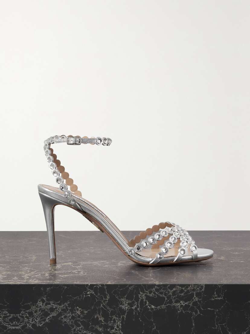 Aquazzura Tequila 85 Crystal-embellished Metallic Leather Sandals