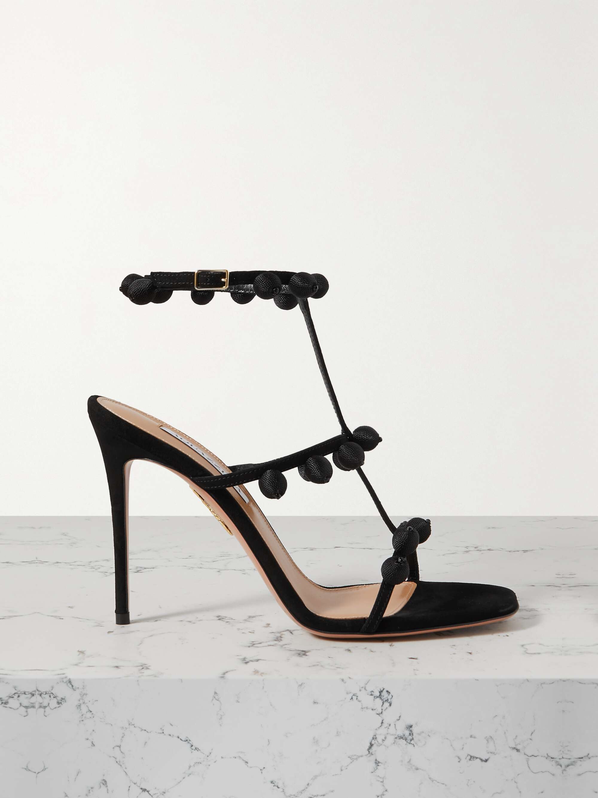 Black Cha Cha 105 Pompom Embellished Suede Sandals Aquazzura Net A Porter