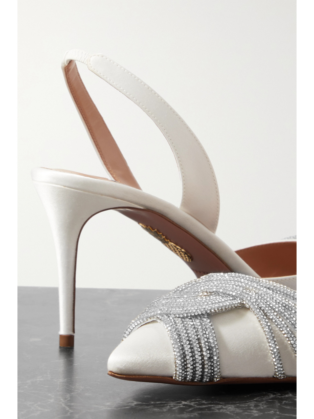 Aquazzura Gatsby 75 Crystal-embellished Satin Slingback Pumps In White
