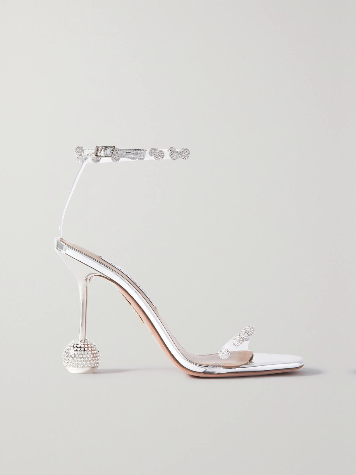 Aquazzura Secrets Crystal-embellished Mirrored-leather And Pvc Heeled Sandals In Silver
