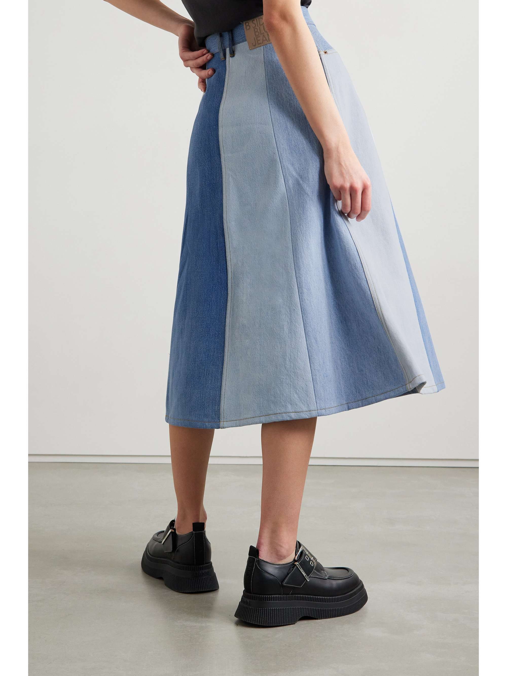 B SIDES Simone patchwork upcycled denim midi skirt