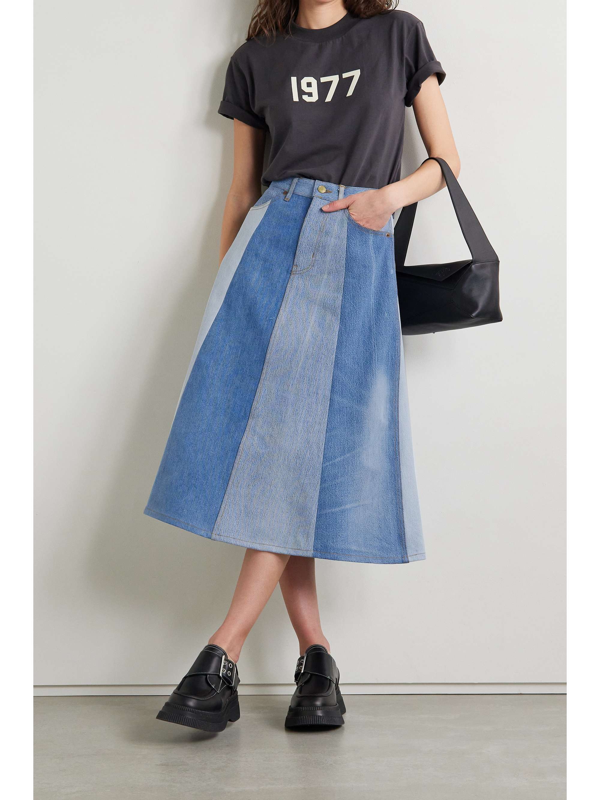 B SIDES Simone patchwork upcycled denim midi skirt