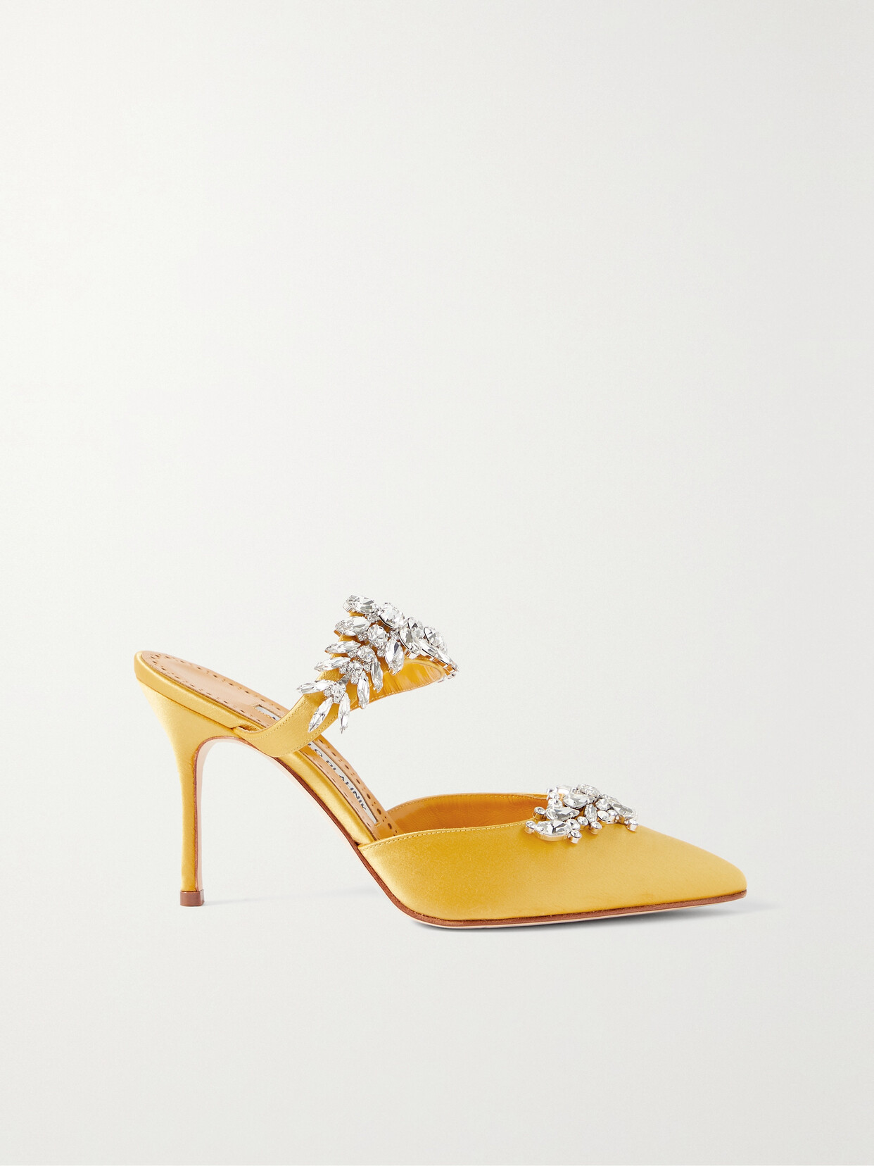 Shop Manolo Blahnik Lurum 90 Crystal-embellished Satin Mules In Yellow