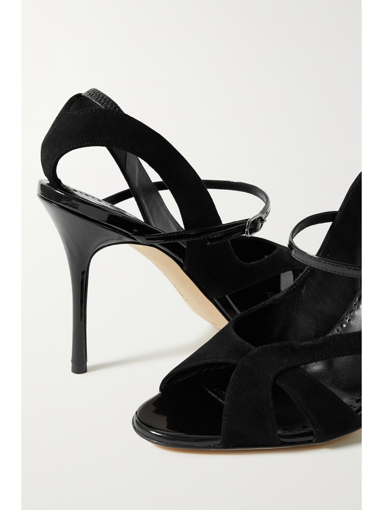 MANOLO BLAHNIK PARADO 105 SUEDE AND PATENT-LEATHER SANDALS