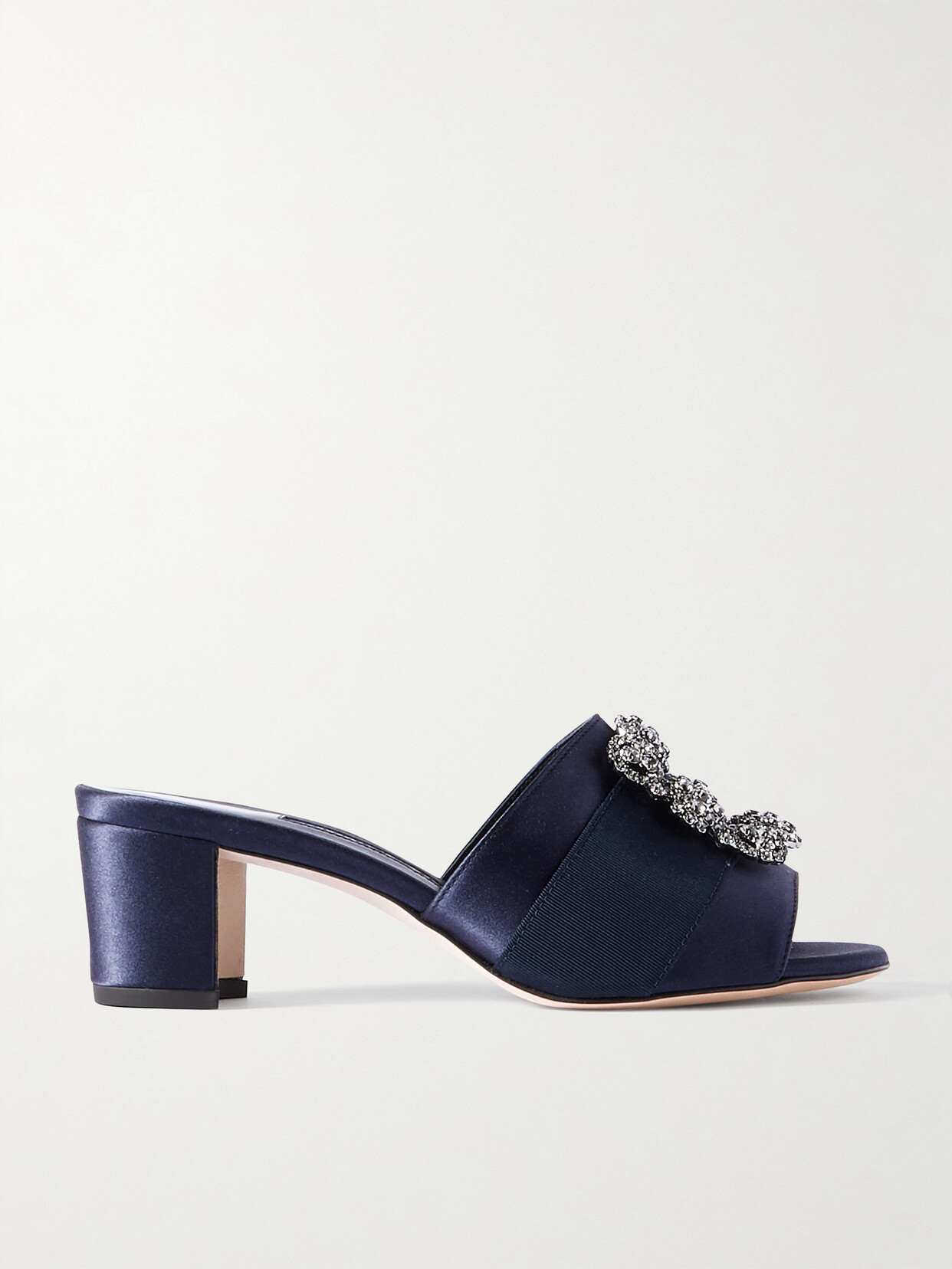 Manolo Blahnik Martanew 50 Grosgrain-trimmed Embellished Satin Mules In Blue