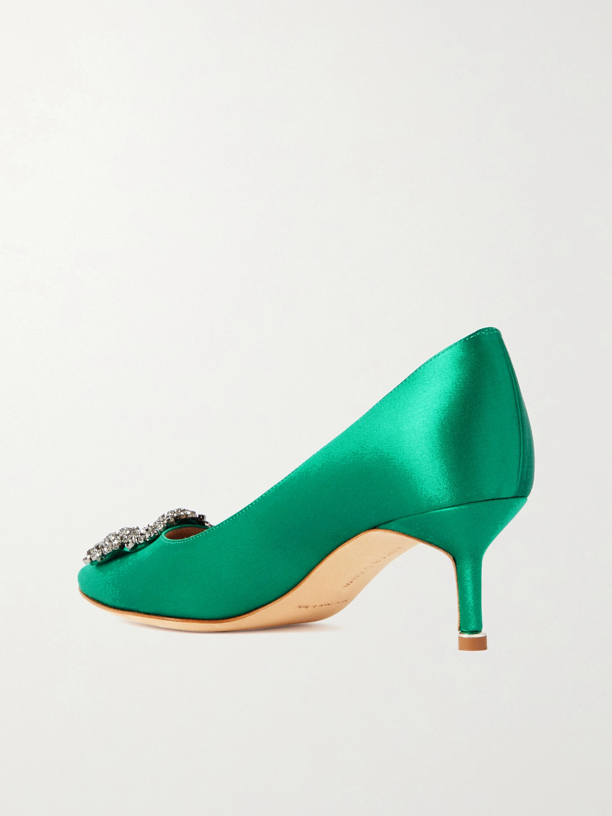 Shop Manolo Blahnik Hangisi 50 Embellished Satin Pumps In Green