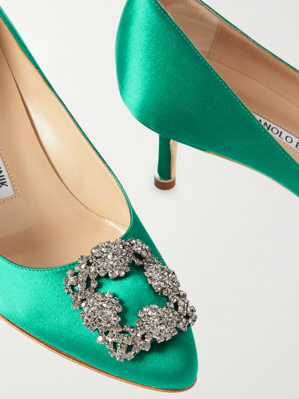 Shop Manolo Blahnik Hangisi 50 Embellished Satin Pumps In Green