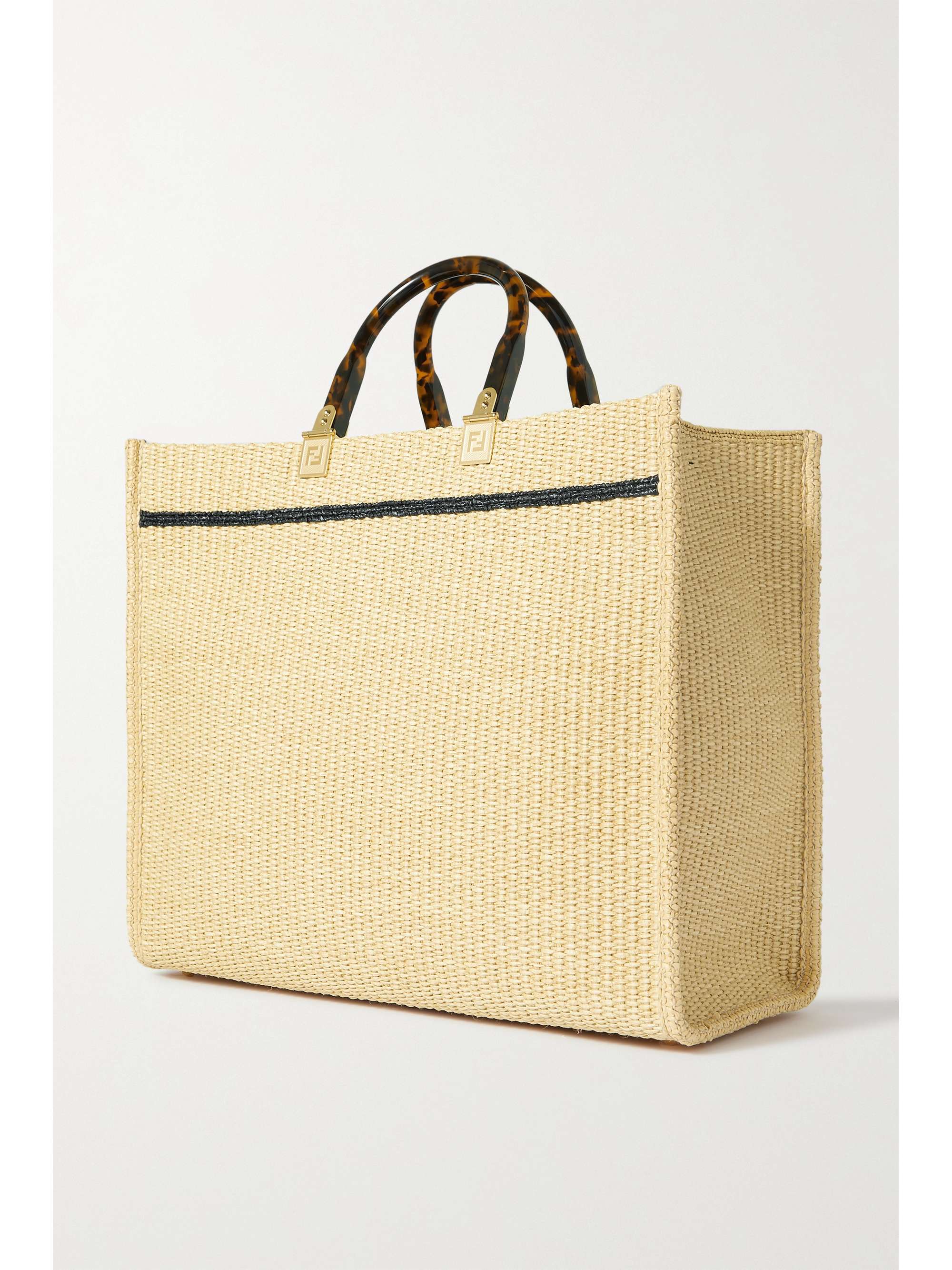 FENDI Sunshine leather-trimmed embroidered raffia tote