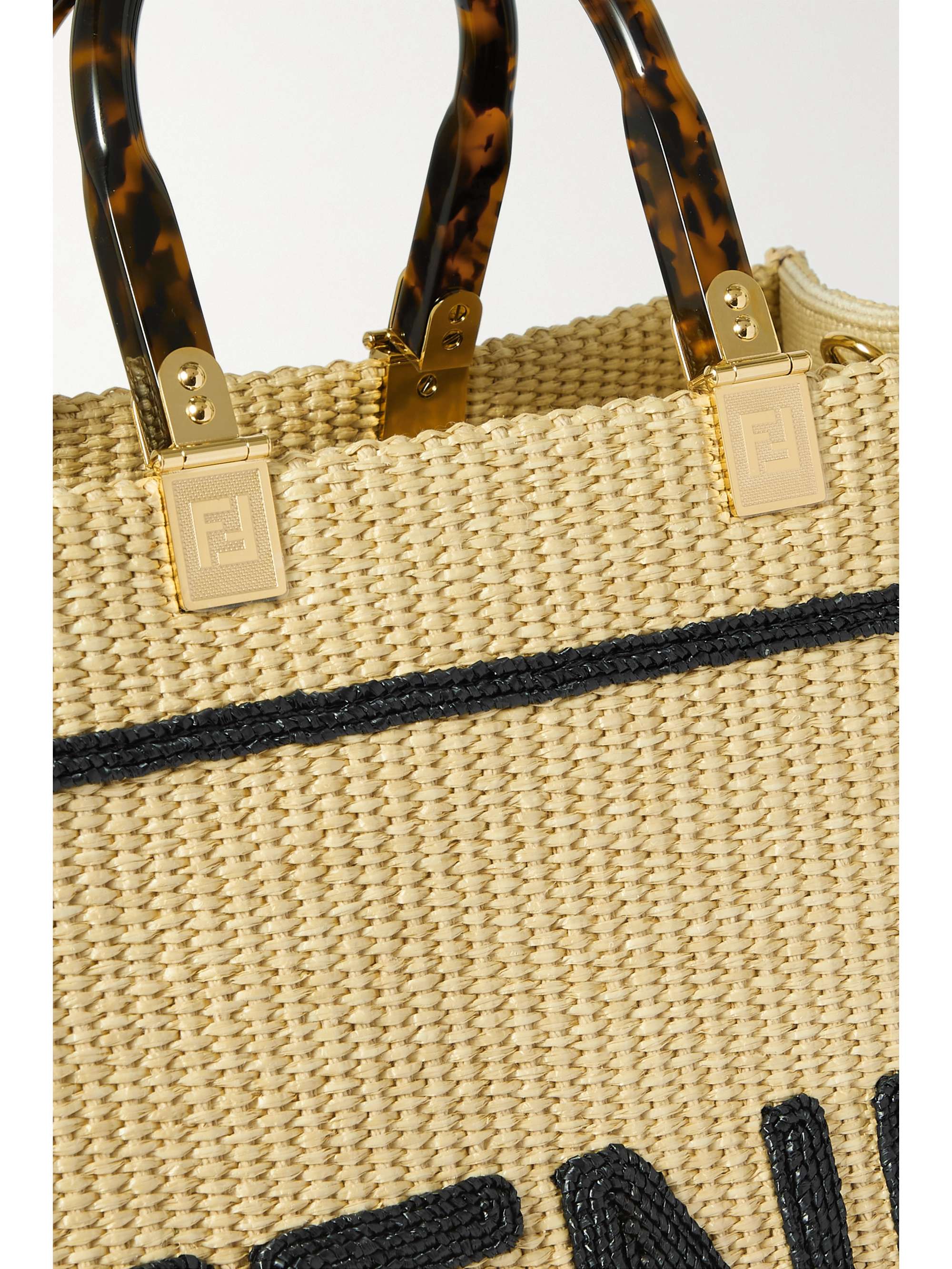 FENDI Sunshine leather-trimmed embroidered raffia tote