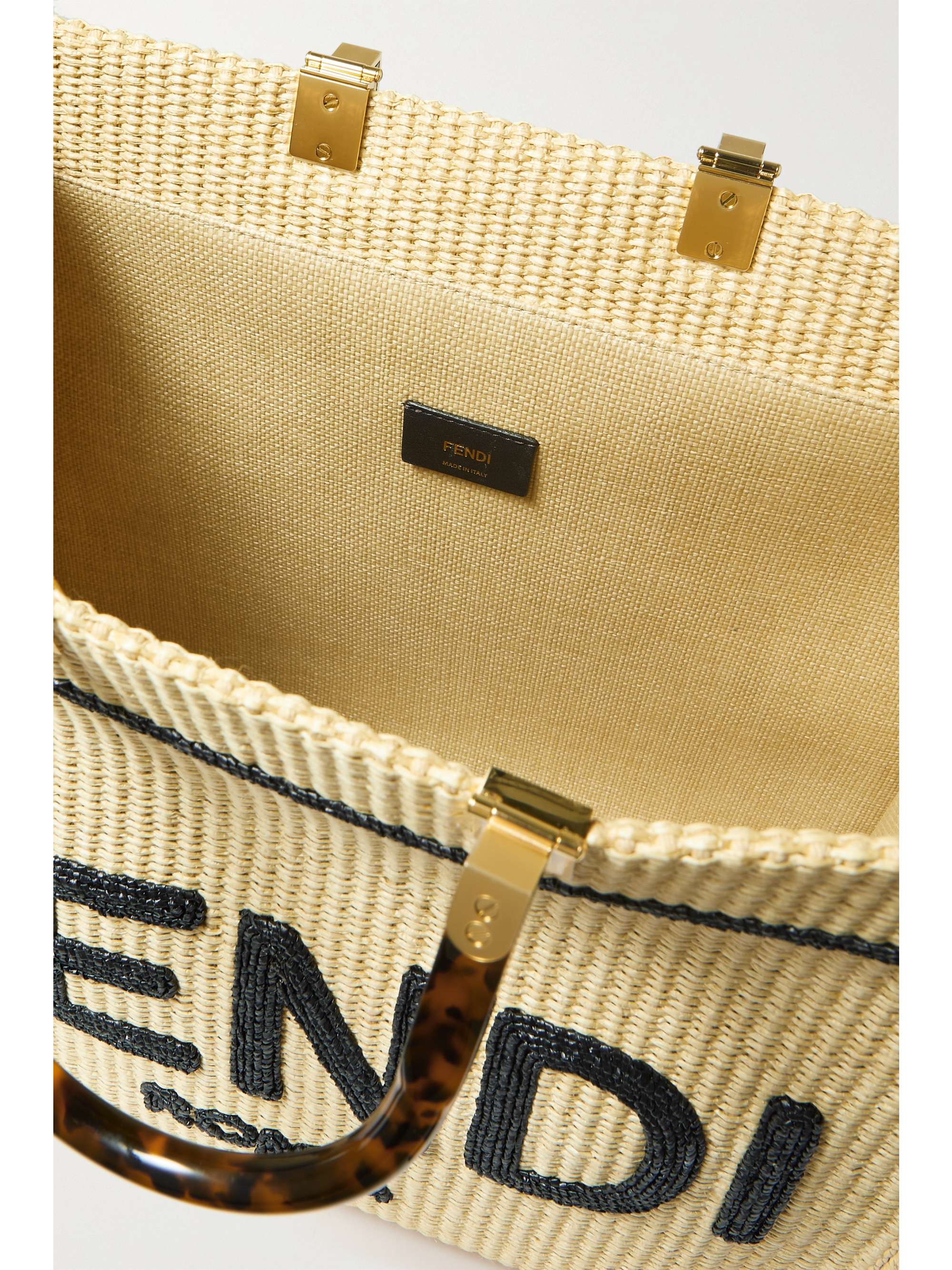 FENDI Sunshine leather-trimmed embroidered raffia tote