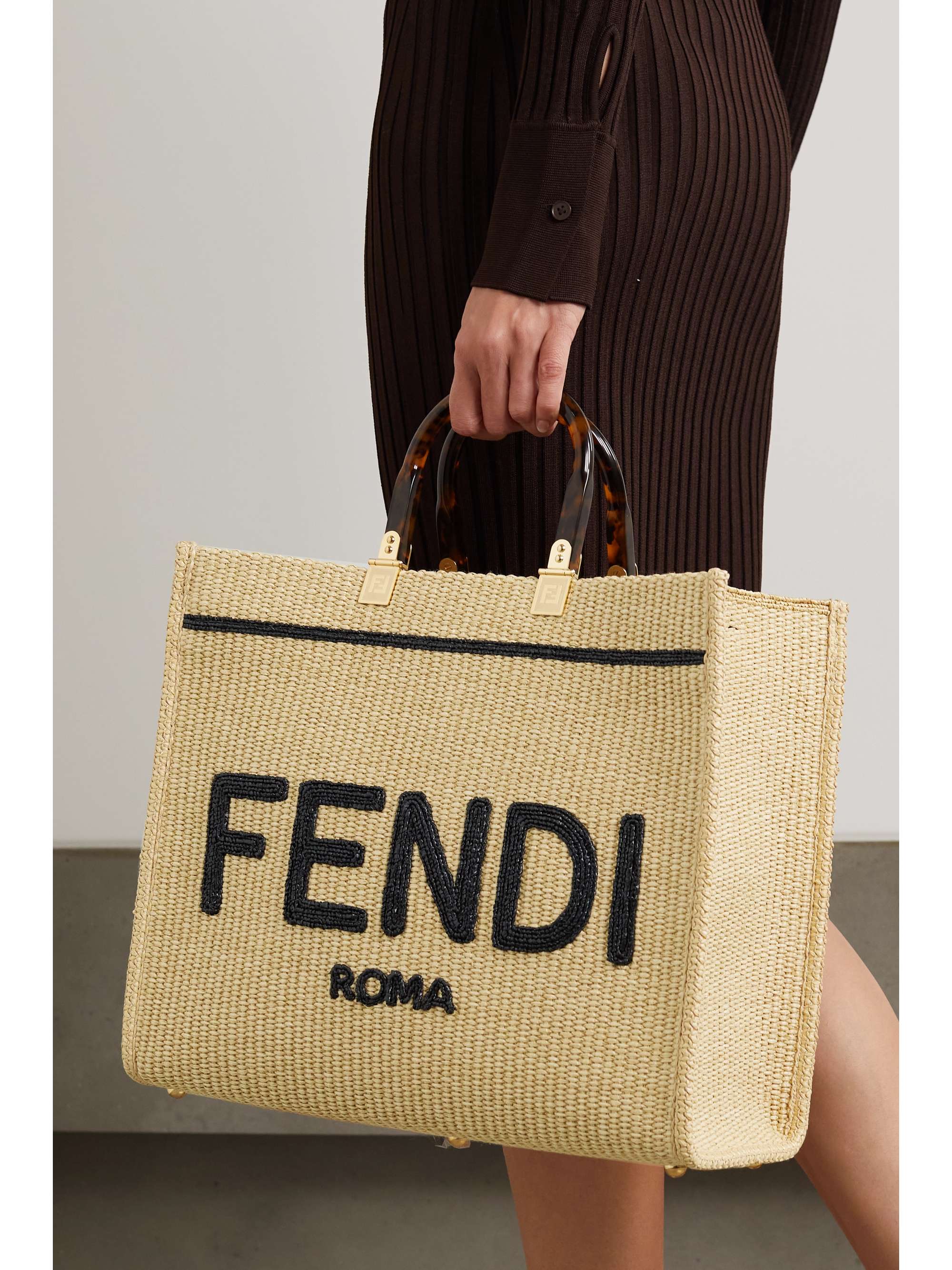 FENDI Sunshine leather-trimmed embroidered raffia tote