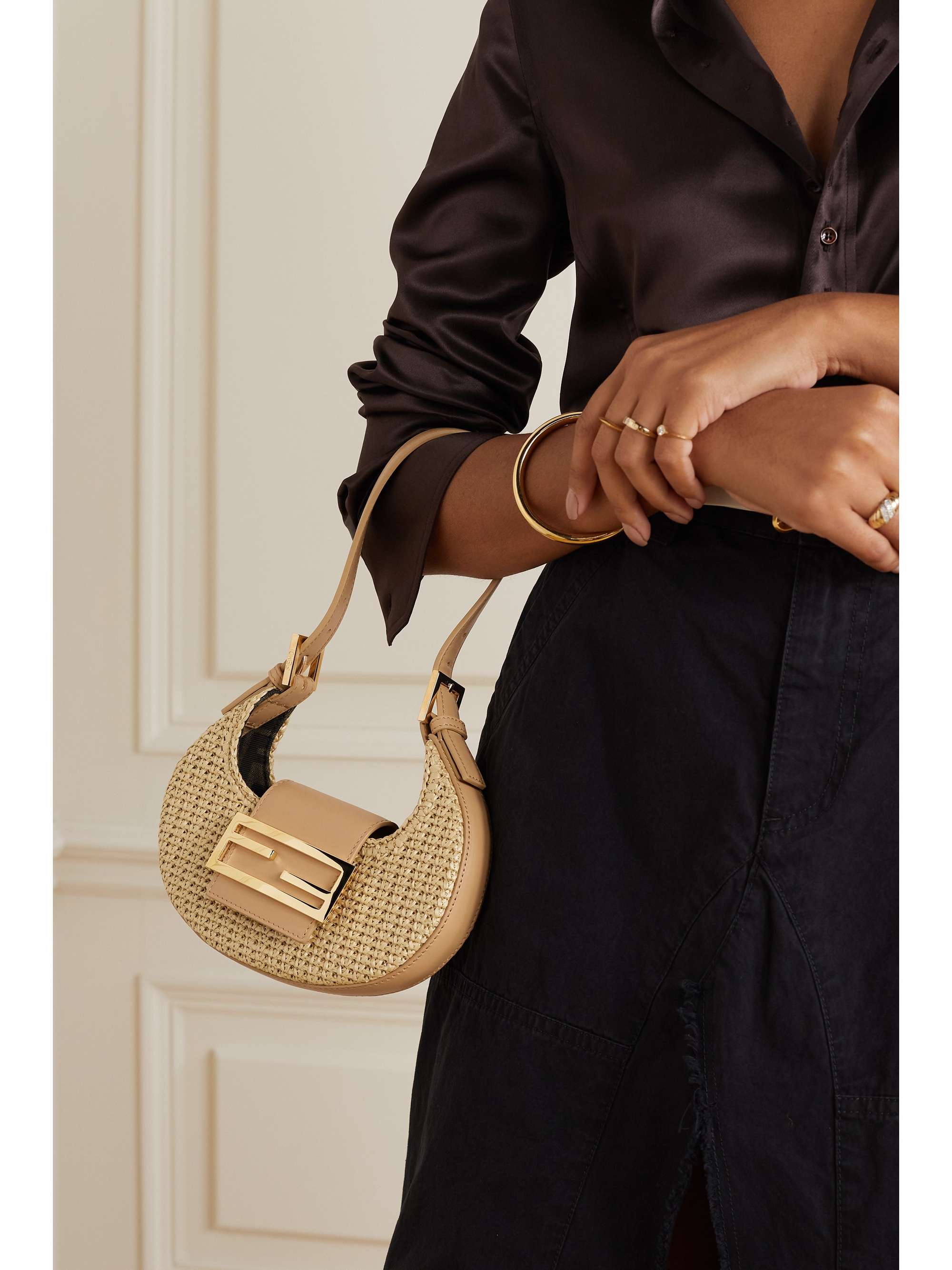 FENDI Cookie mini leather-trimmed raffia shoulder bag | NET-A-PORTER