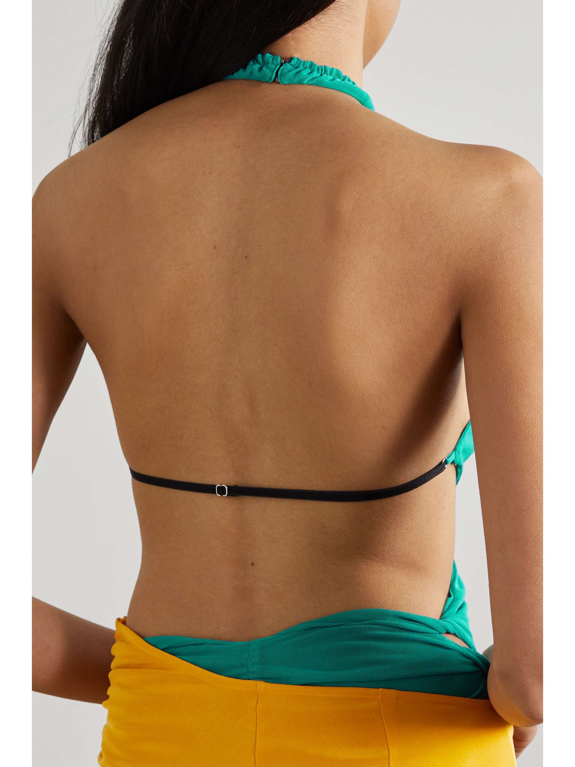 SUPRIYA LELE Backless cutout ruched mesh halterneck bodysuit