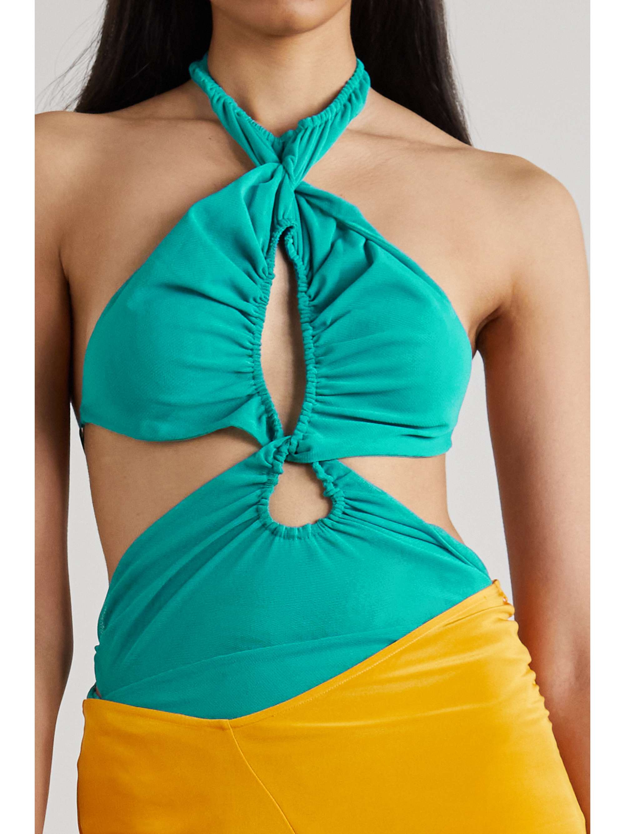 SUPRIYA LELE Backless cutout ruched mesh halterneck bodysuit