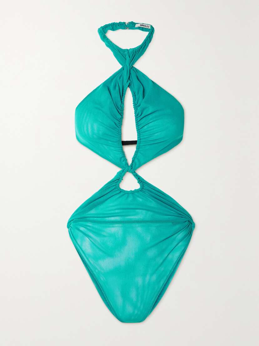 SUPRIYA LELE Backless Cutout Ruched Mesh Halterneck Bodysuit