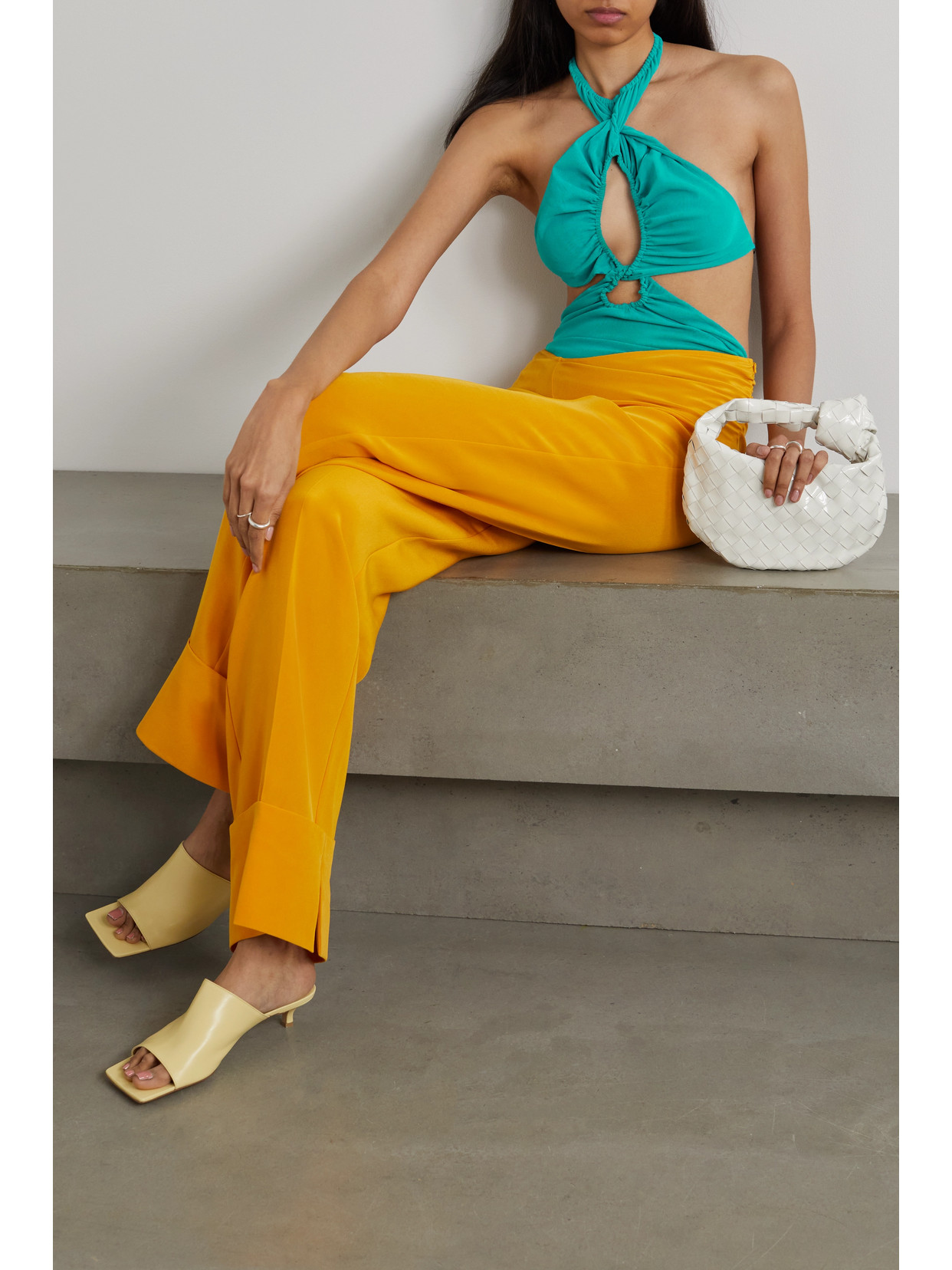 Supriya Lele Backless Cutout Ruched Mesh Halterneck Bodysuit In Blue