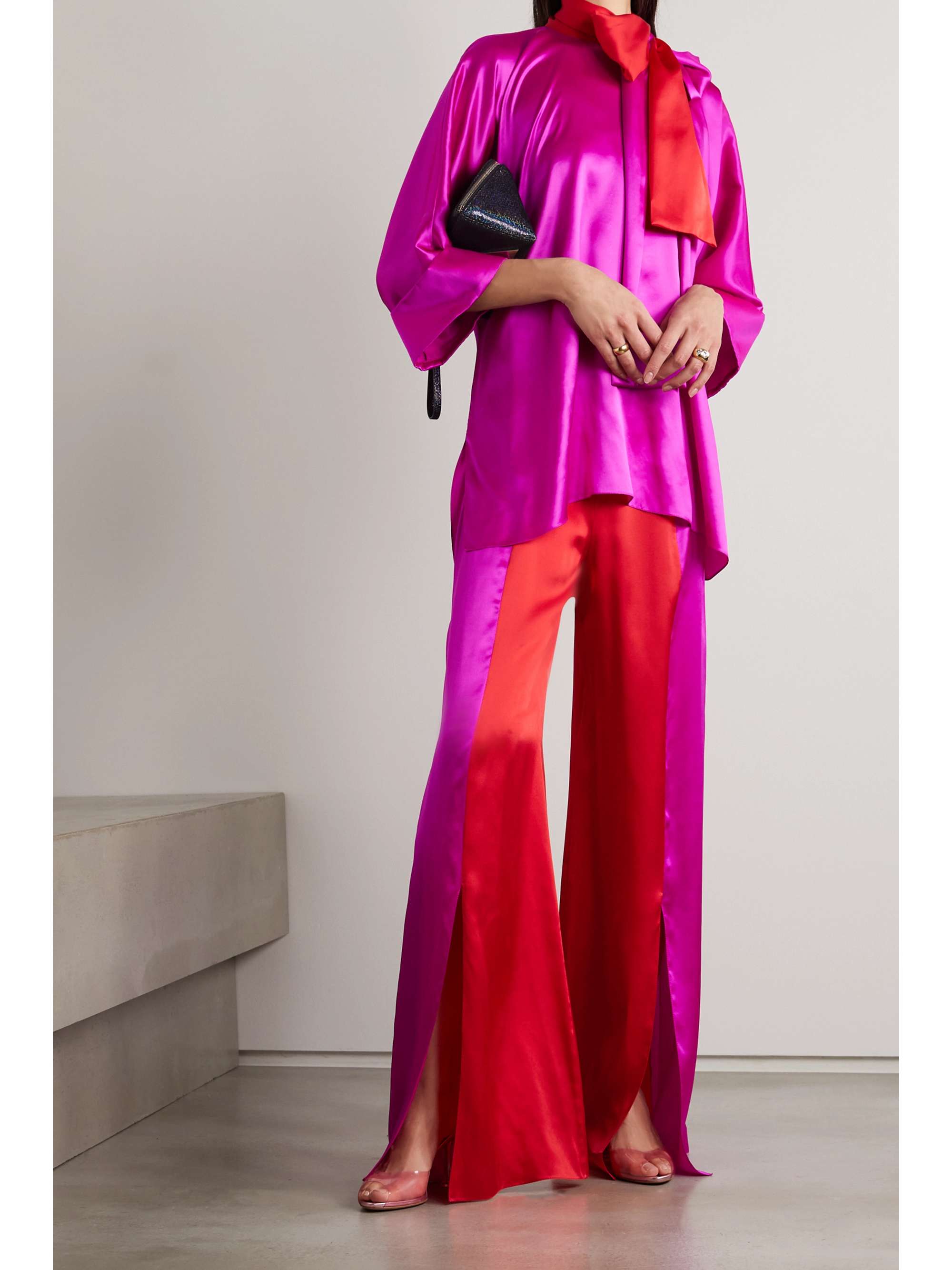 HALPERN Two-tone silk-satin wide-leg pants