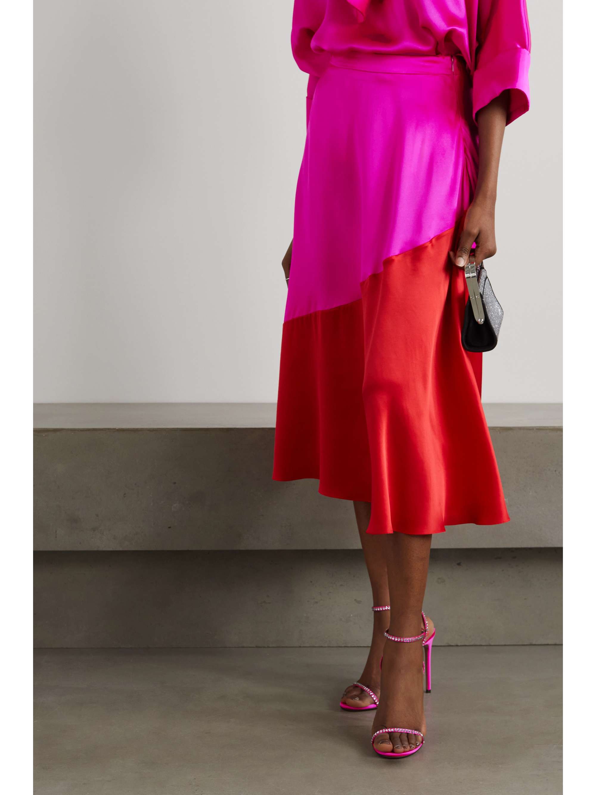 HALPERN Two-tone silk-satin midi skirt