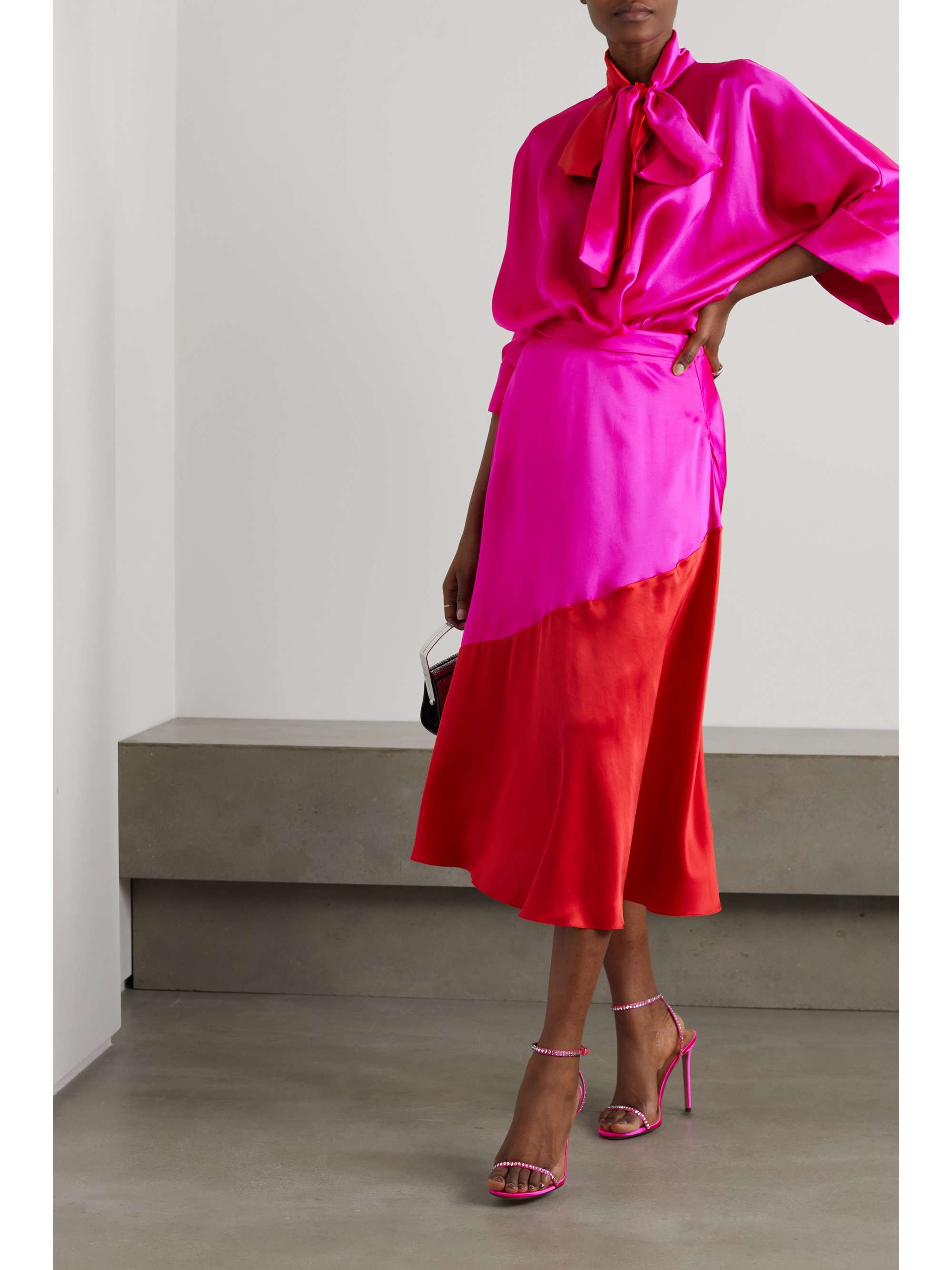 HALPERN Two-tone silk-satin midi skirt