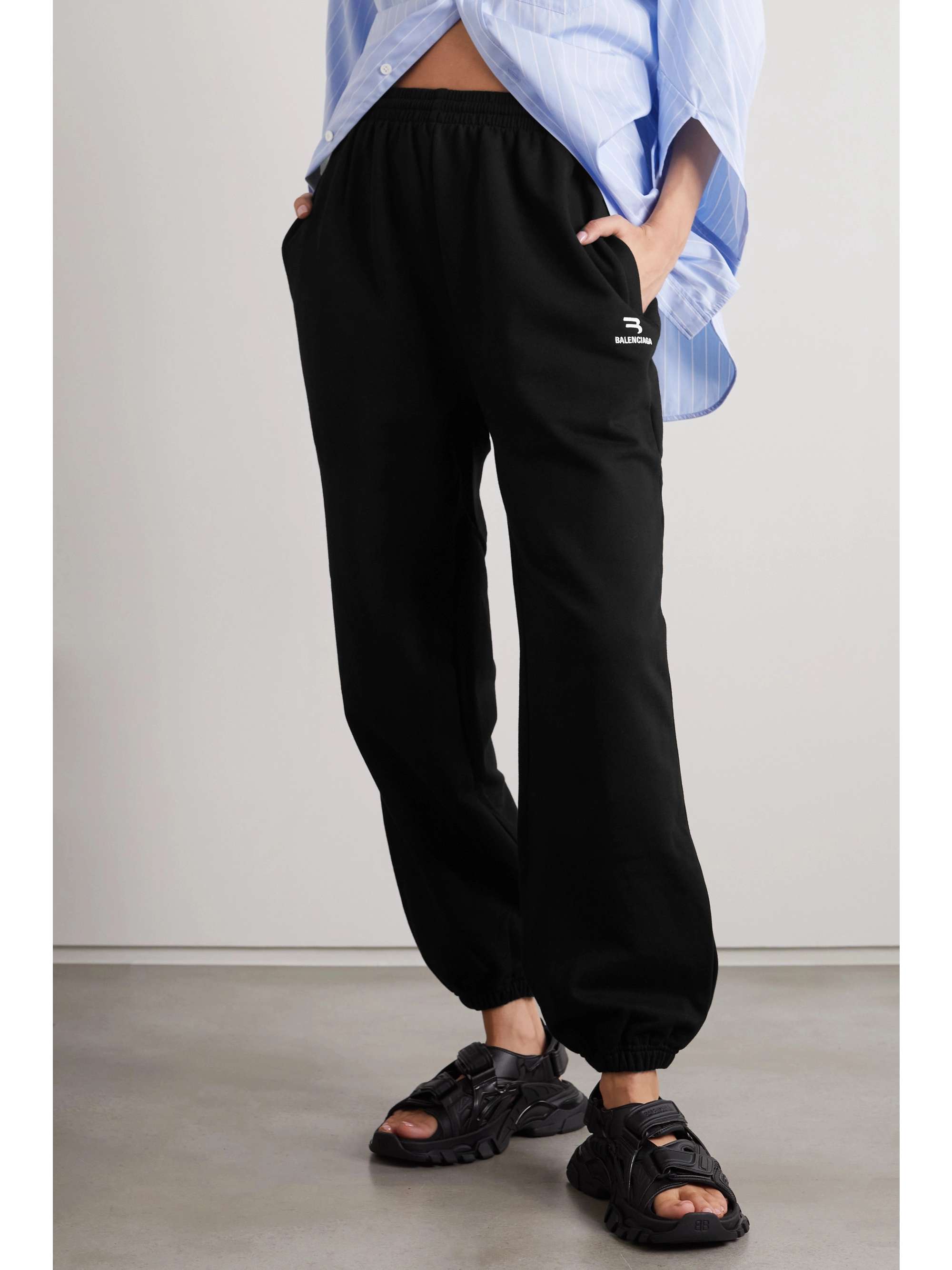 Black Embroidered cotton-jersey track 
